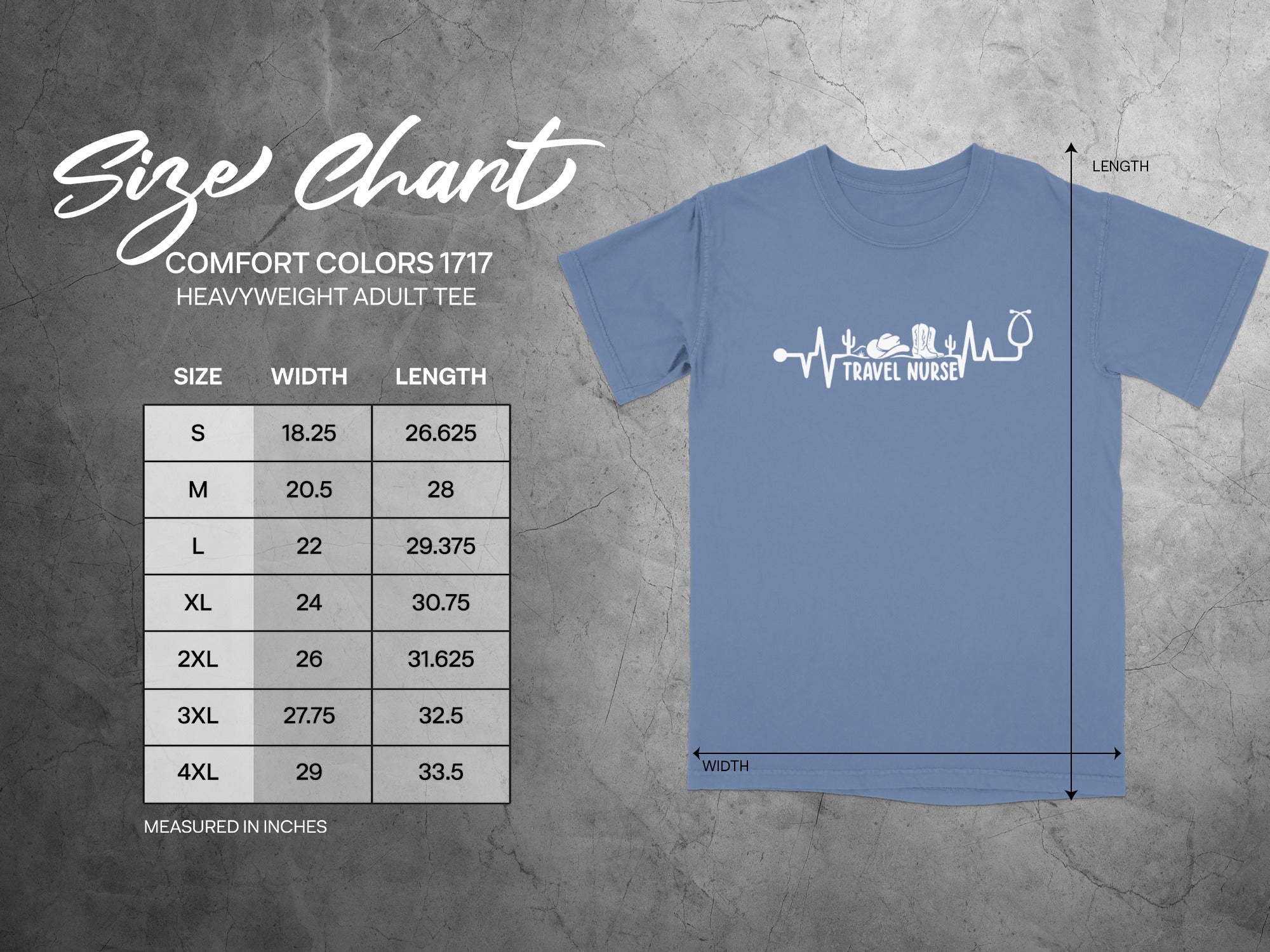 Comfort Colors 1717 heavyweight adult tee size chart with measurements in inches.