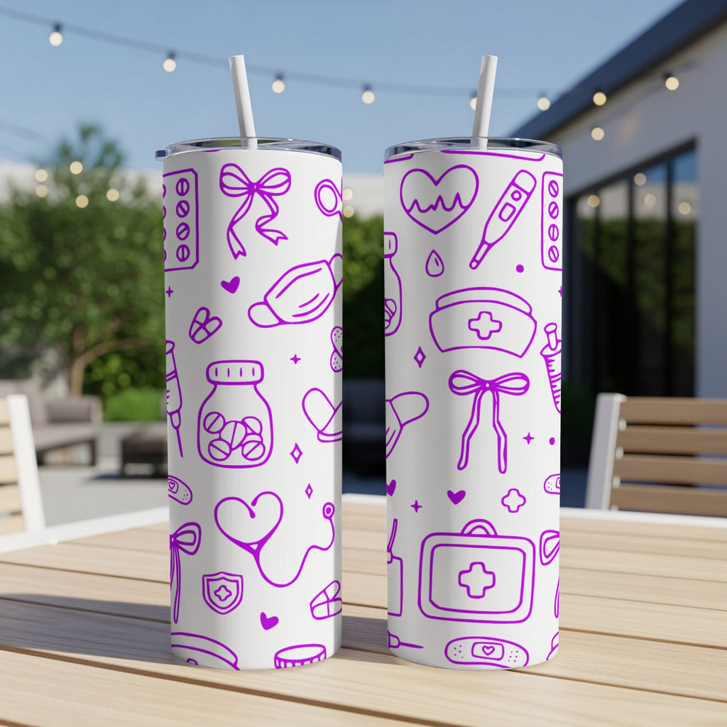 Two white tumblers with purple medical icons and a straw.