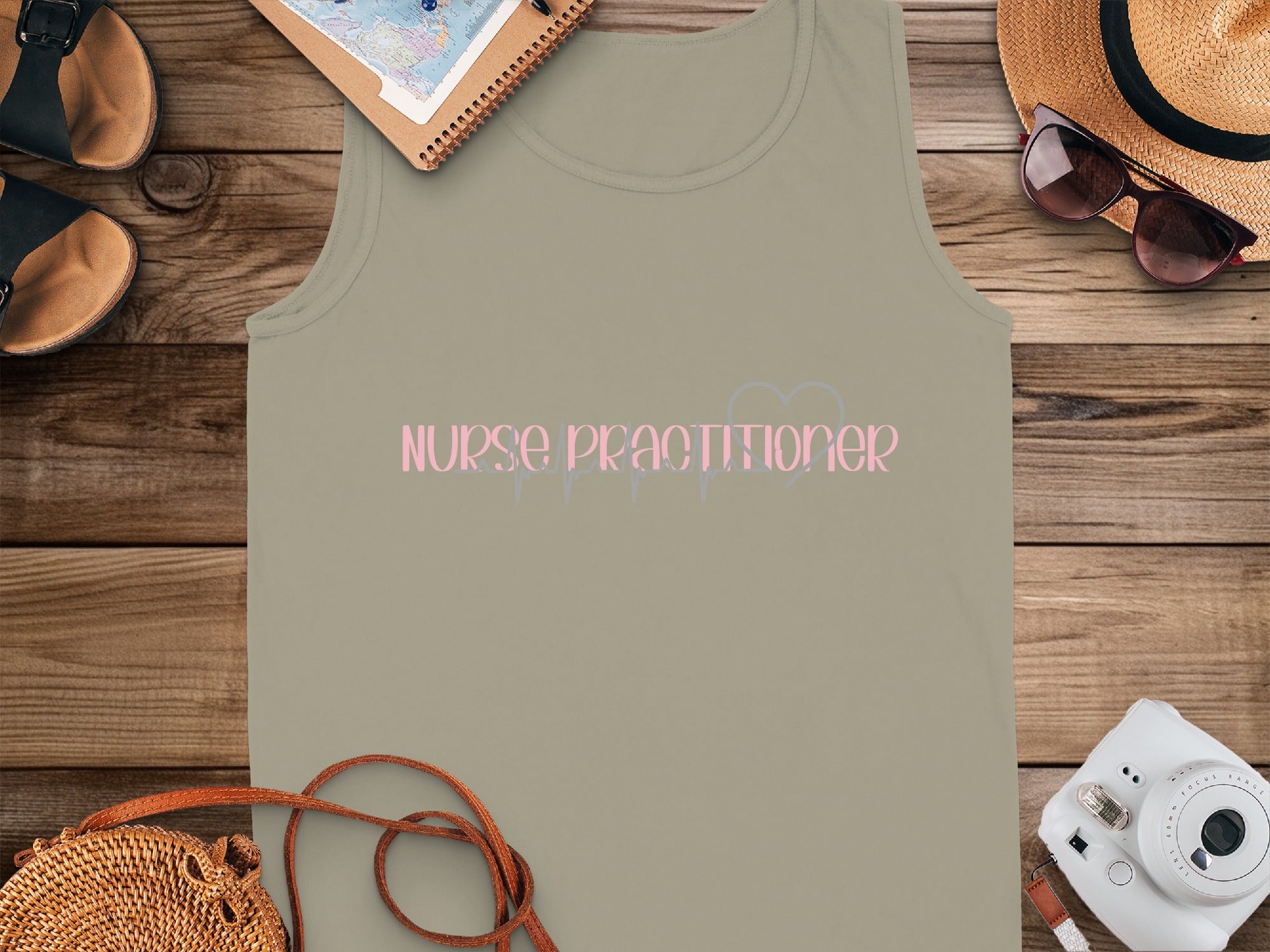 Nurse Practitioner tank top with heartbeat graphic and text.