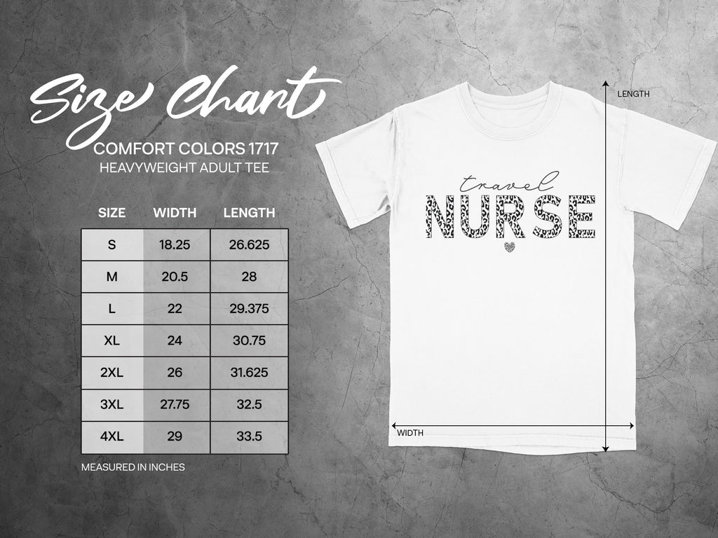 Size chart for Comfort Colors heavyweight adult tee, showing measurements in inches.