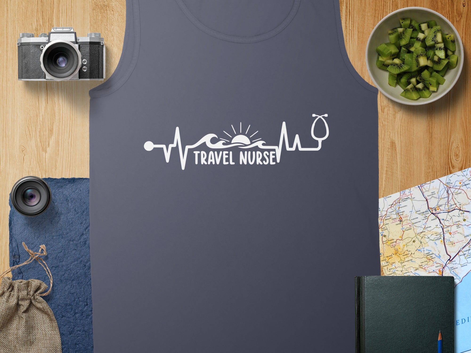 Gray tank top with "Travel Nurse" electrocardiogram graphic and stethoscope.