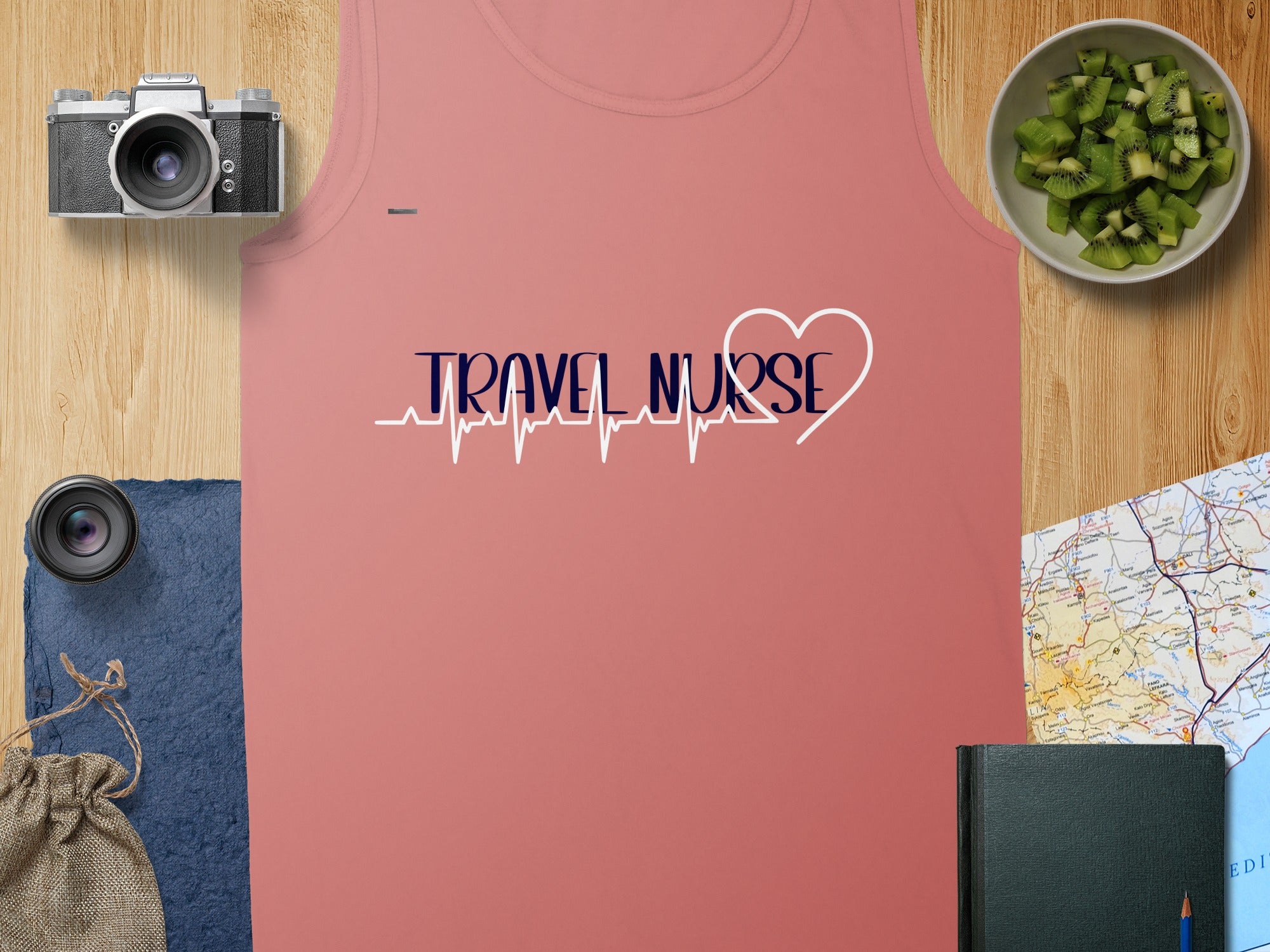 Pink tank top with "TRAVEL NURSE" text and heartbeat graphic.
