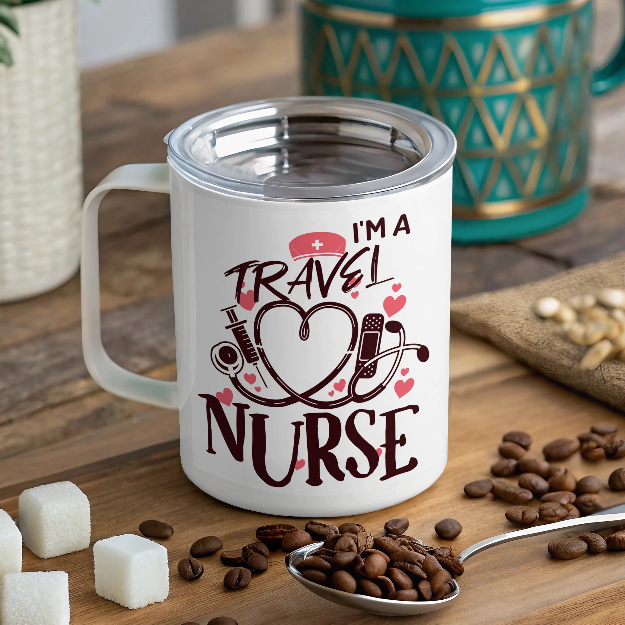 White travel mug with "I'm a Travel Nurse" and stethoscope heart design.