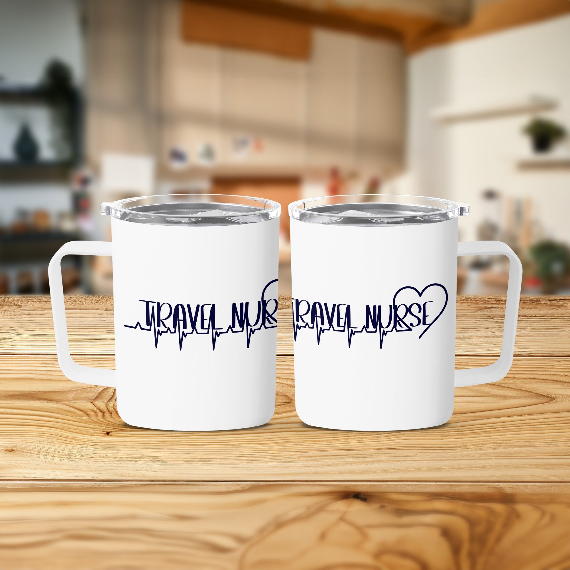 Two white travel mugs with "Travel Nurse" text and a heart.