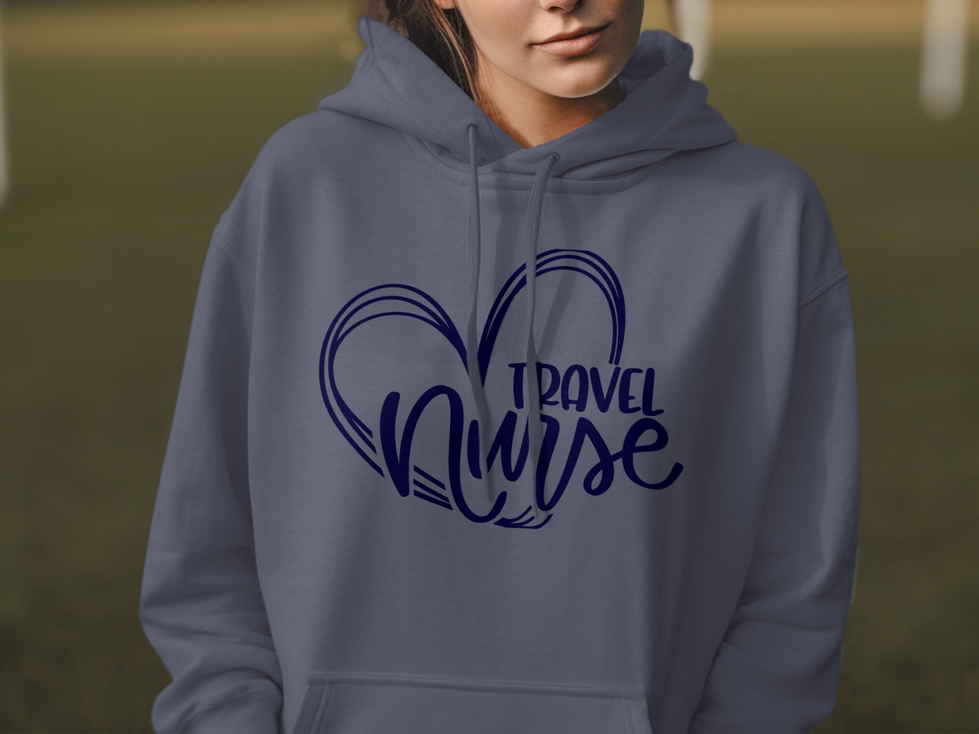 Navy blue hoodie with "Travel Nurse" text inside a heart outline.