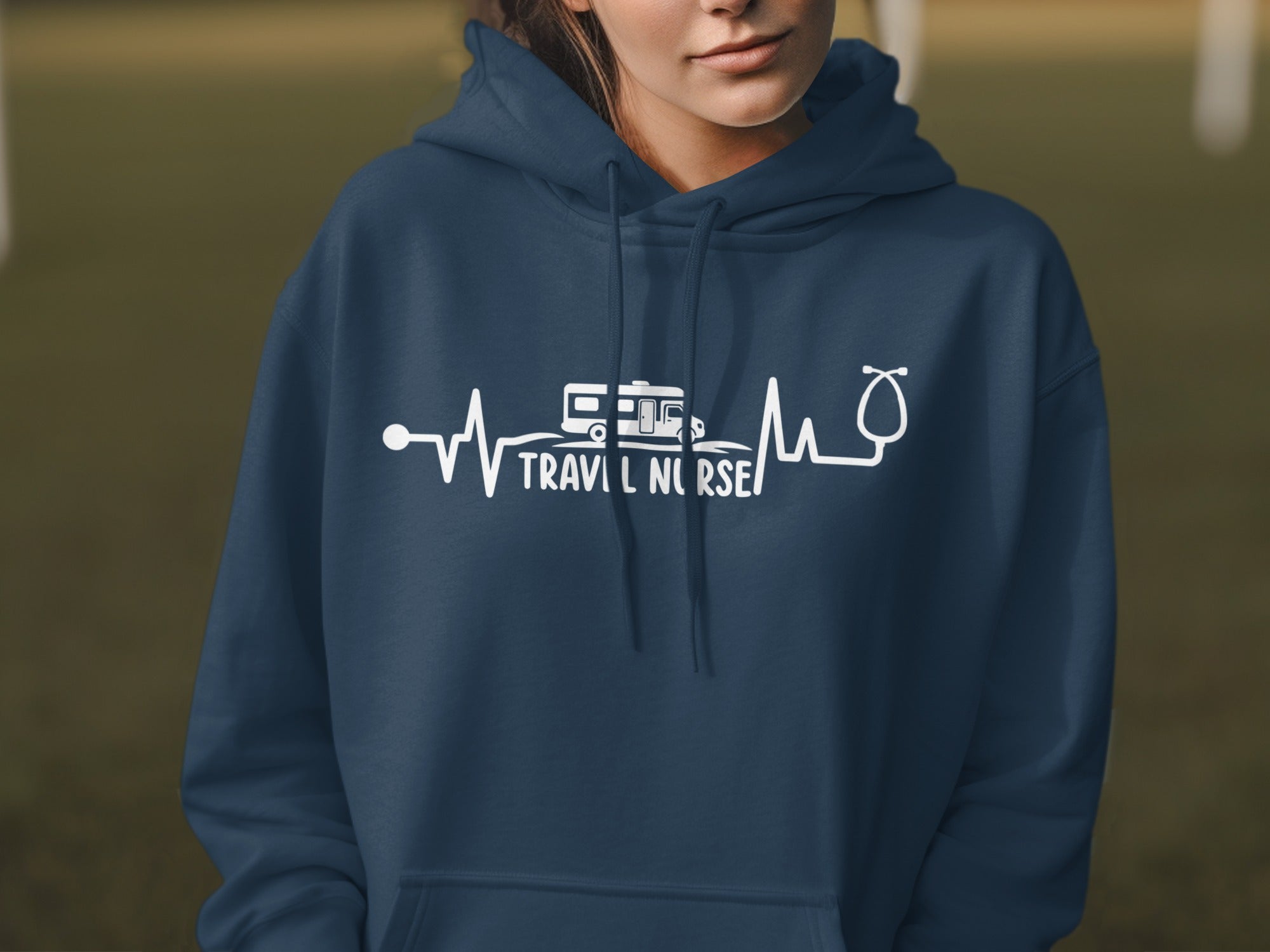 Navy hoodie with white electrocardiogram, RV, and stethoscope design.