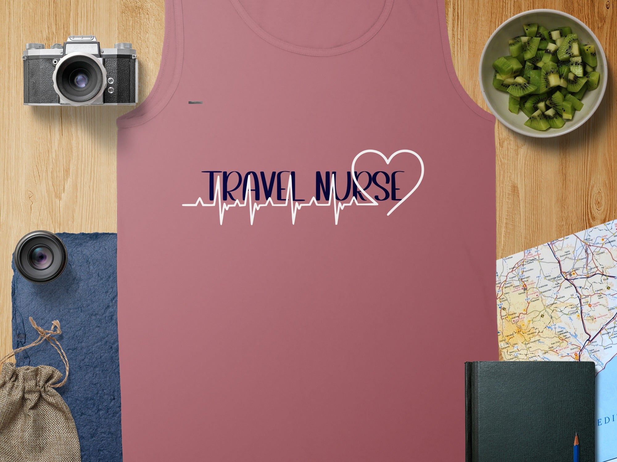 Pink tank top with "Travel Nurse" text and a heartbeat graphic.