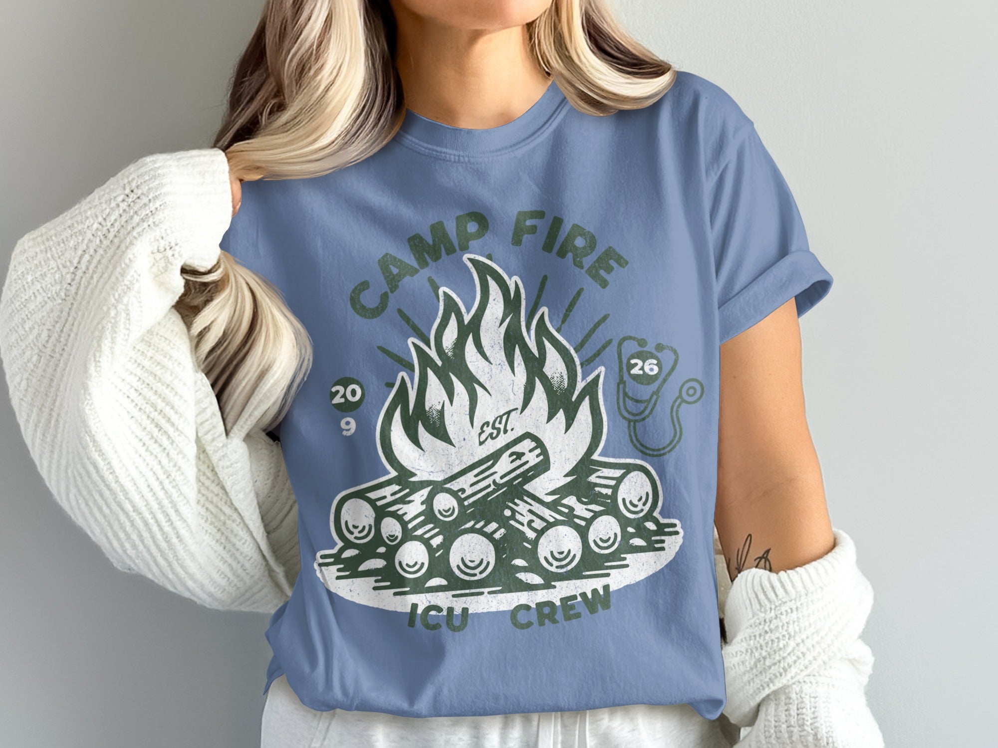Camp Fire ICU Crew design with campfire and stethoscope.