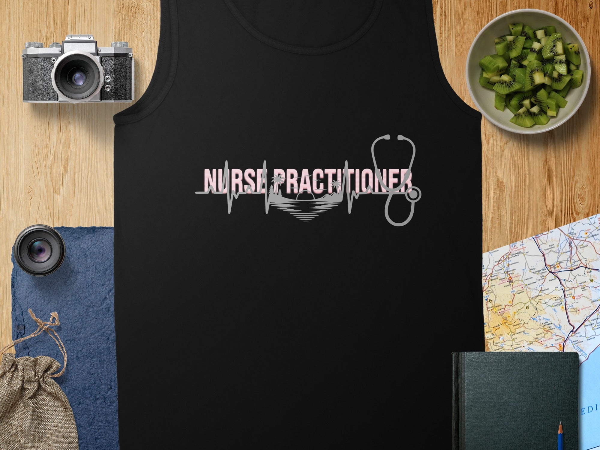 Black tank top with "Nurse Practitioner" text and stethoscope graphic.