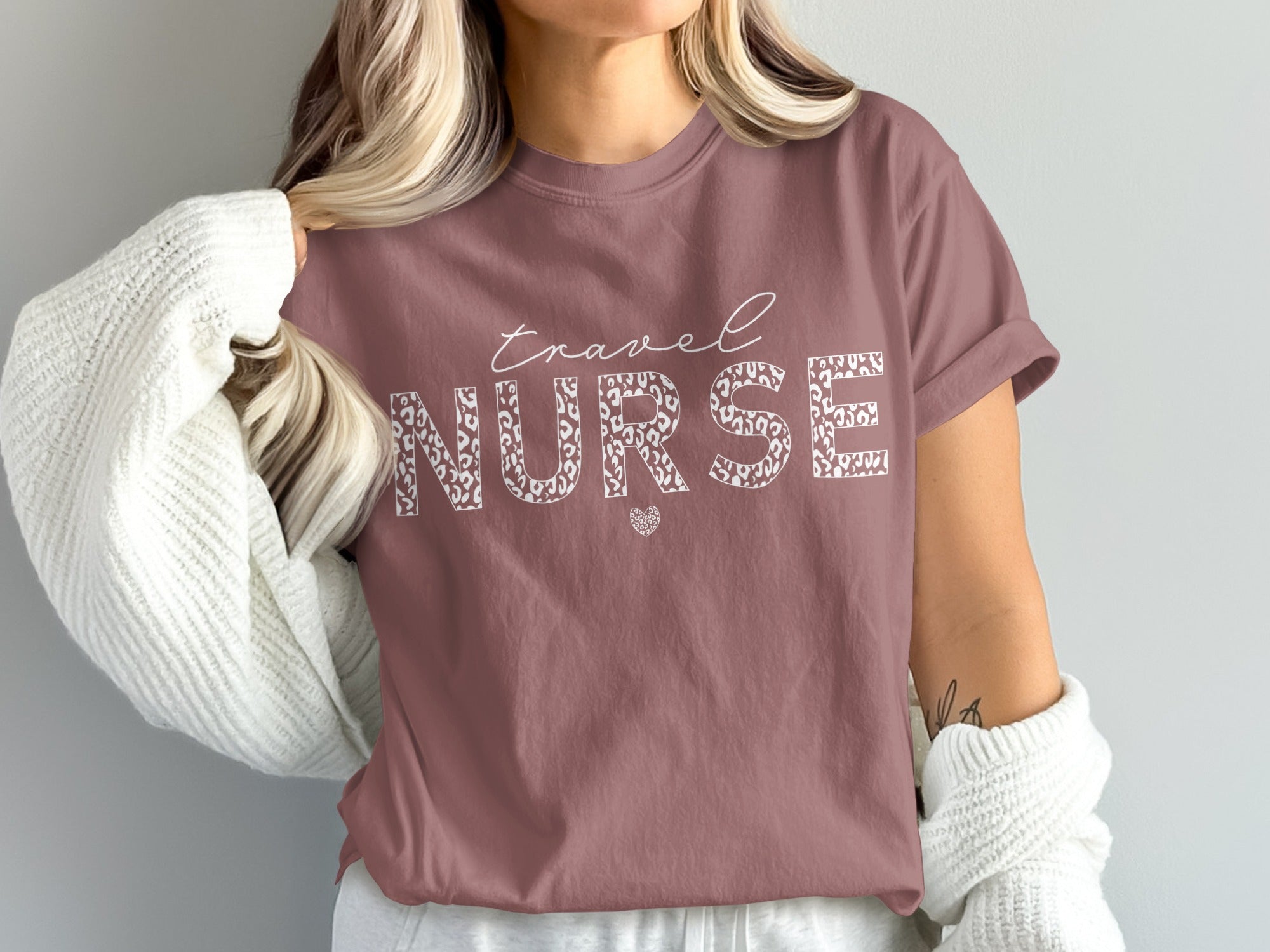 Dusty rose t-shirt with "Travel Nurse" text and leopard print.