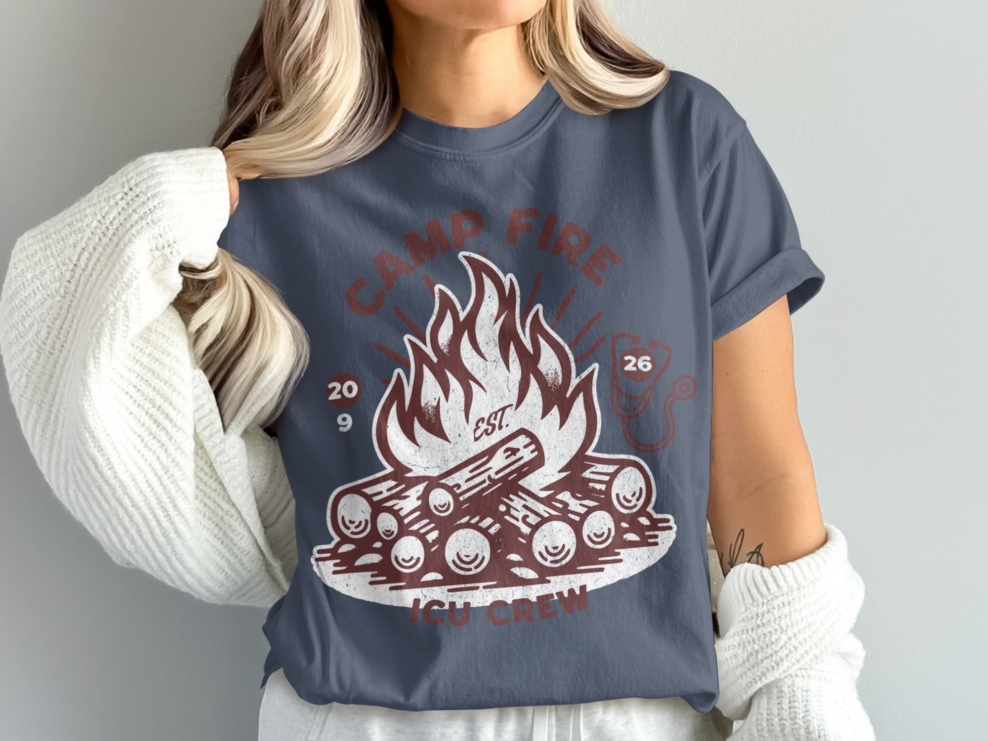 Camp Fire ICU Crew graphic on a dark blue t-shirt.