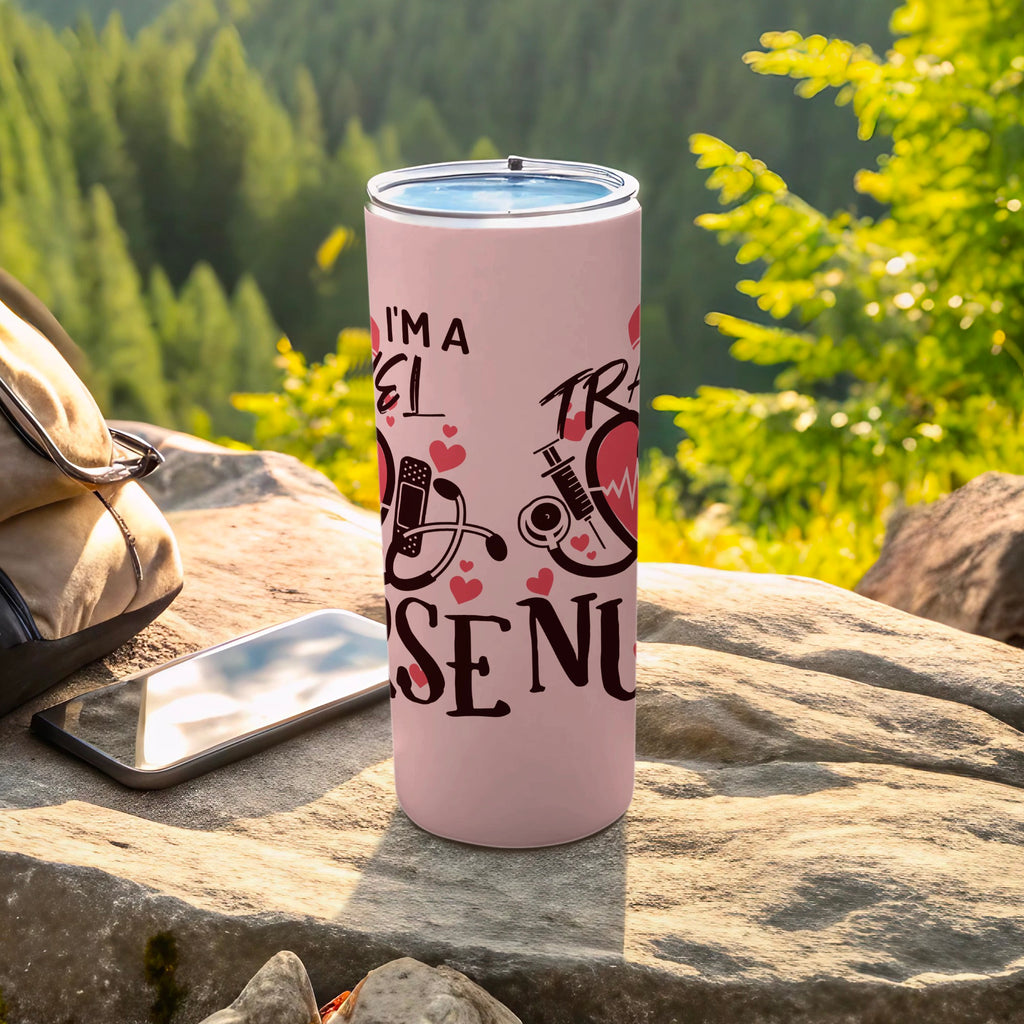 Pink tumbler with "I'm a Travel Nurse" and medical icons.
