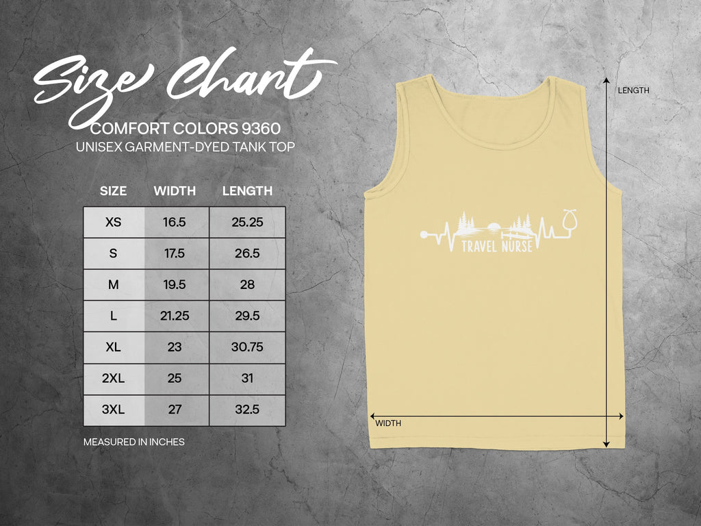 Comfort Colors 9360 tank top size chart with width and length measurements.
