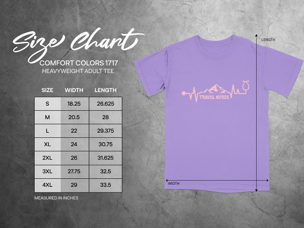 Comfort Colors 1717 size chart with travel nurse graphic.