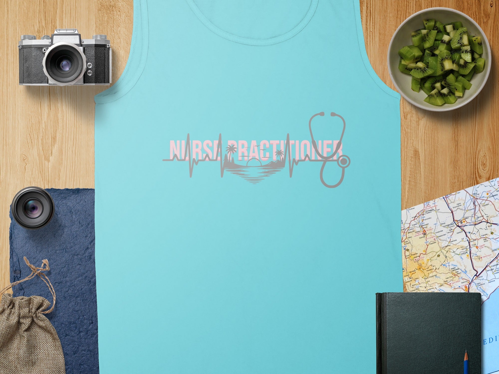 Turquoise tank top with "Nurse Practitioner" text and stethoscope design.