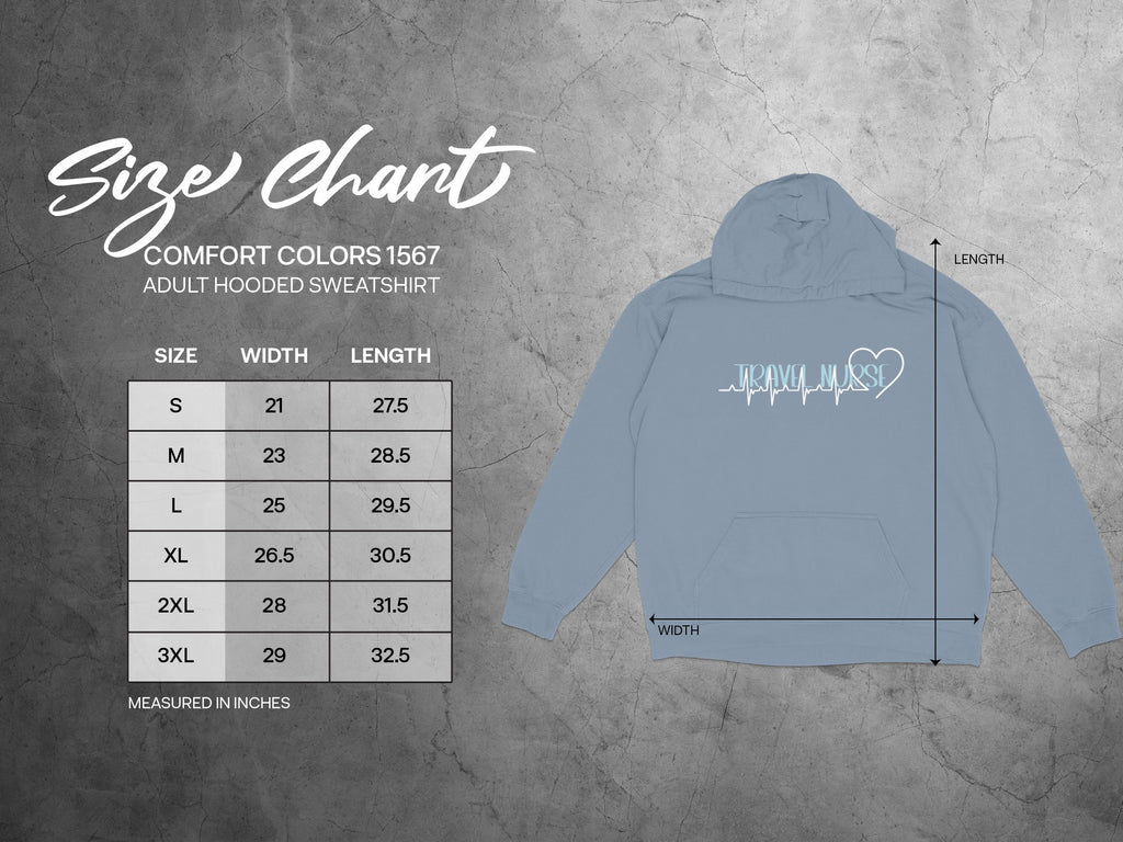 Size chart for Comfort Colors adult hooded sweatshirt, with measurements.