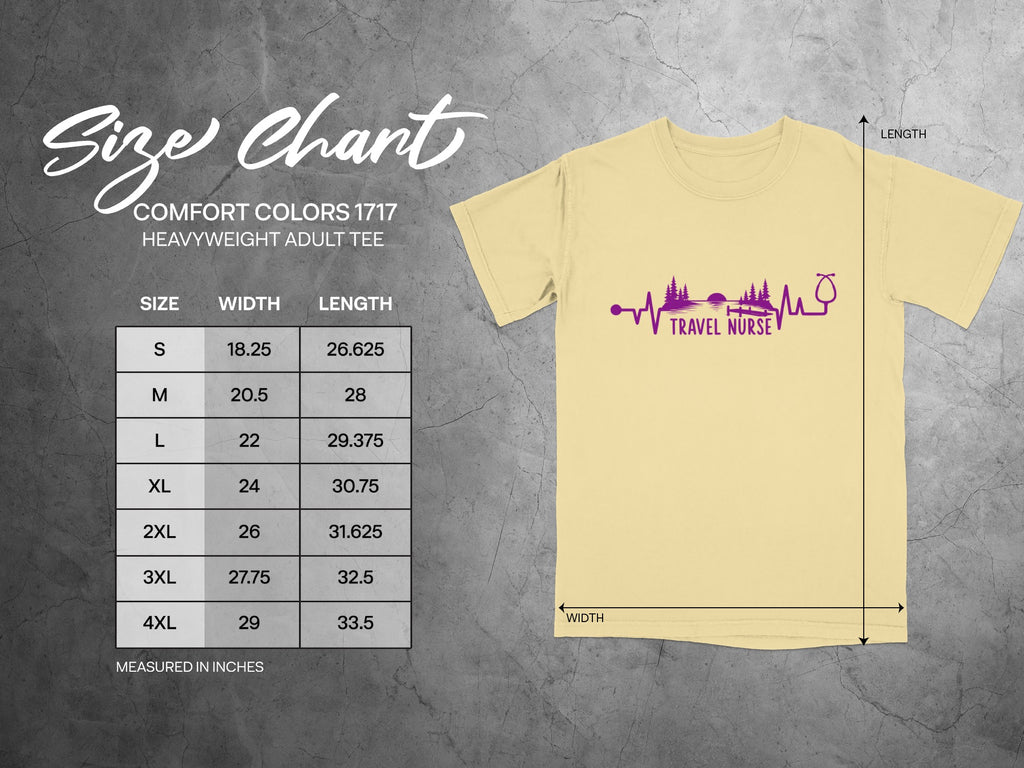 Comfort Colors 1717 heavyweight adult tee size chart with width and length measurements.