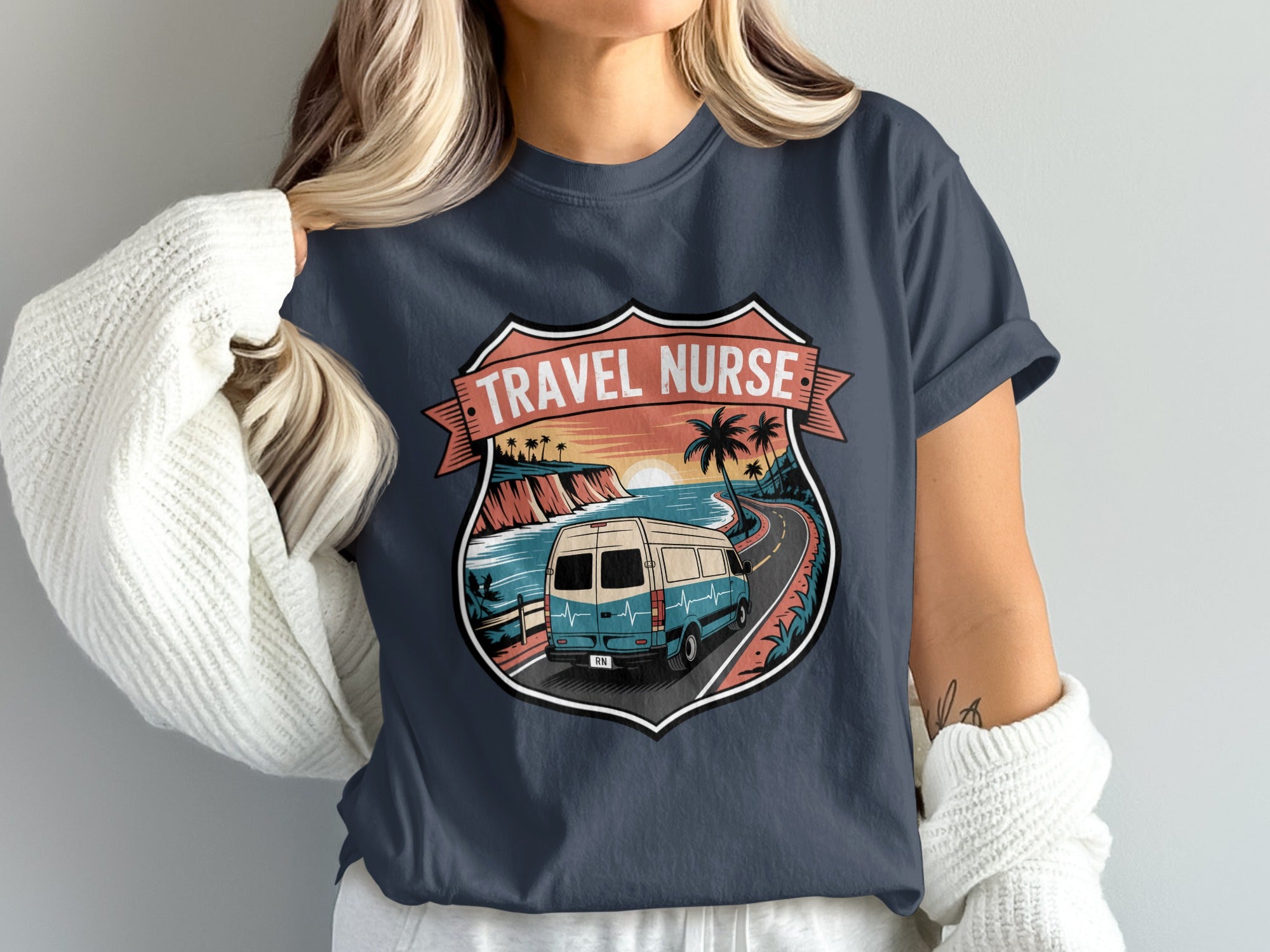 Travel nurse shield graphic with van on coastal road.