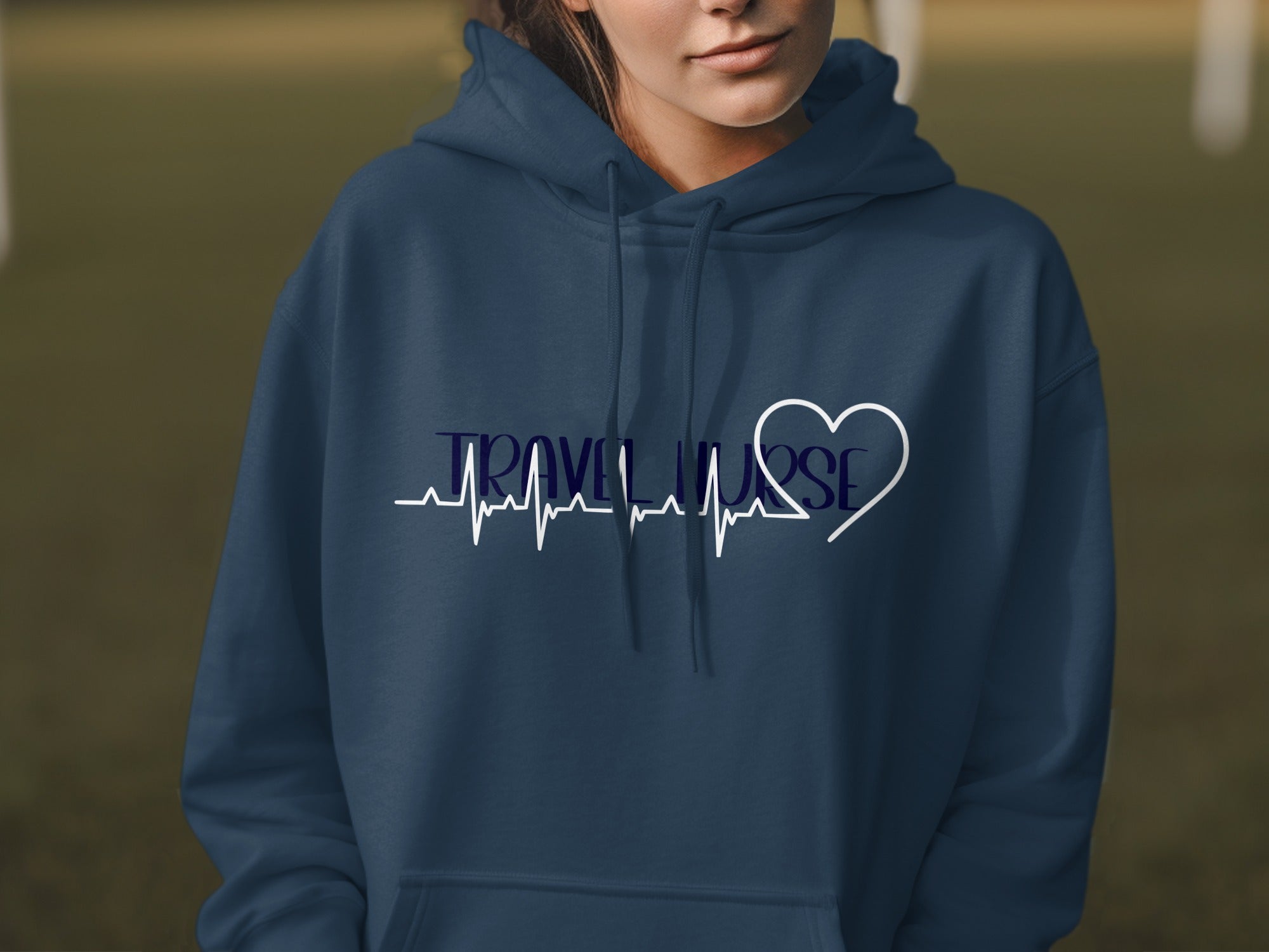 Navy blue hoodie with "TRAVEL LOVE" and a heart-shaped heartbeat graphic.