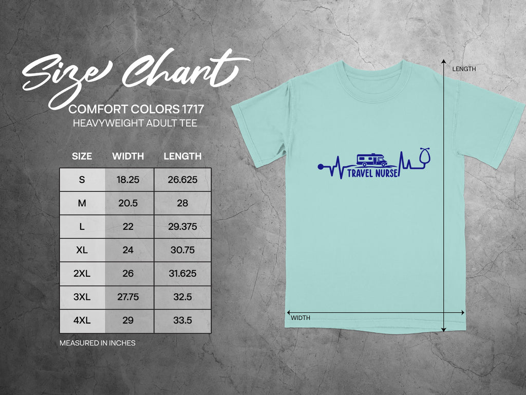 Size chart for Comfort Colors 1717 heavyweight adult tee with measurements.