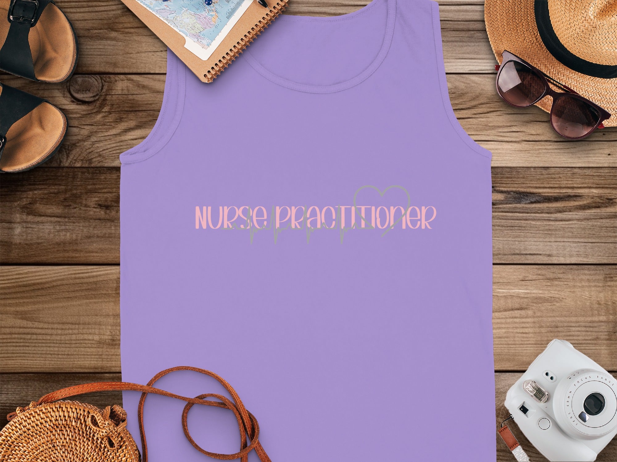 Lavender tank top with "Nurse Practitioner" text in pink and green.