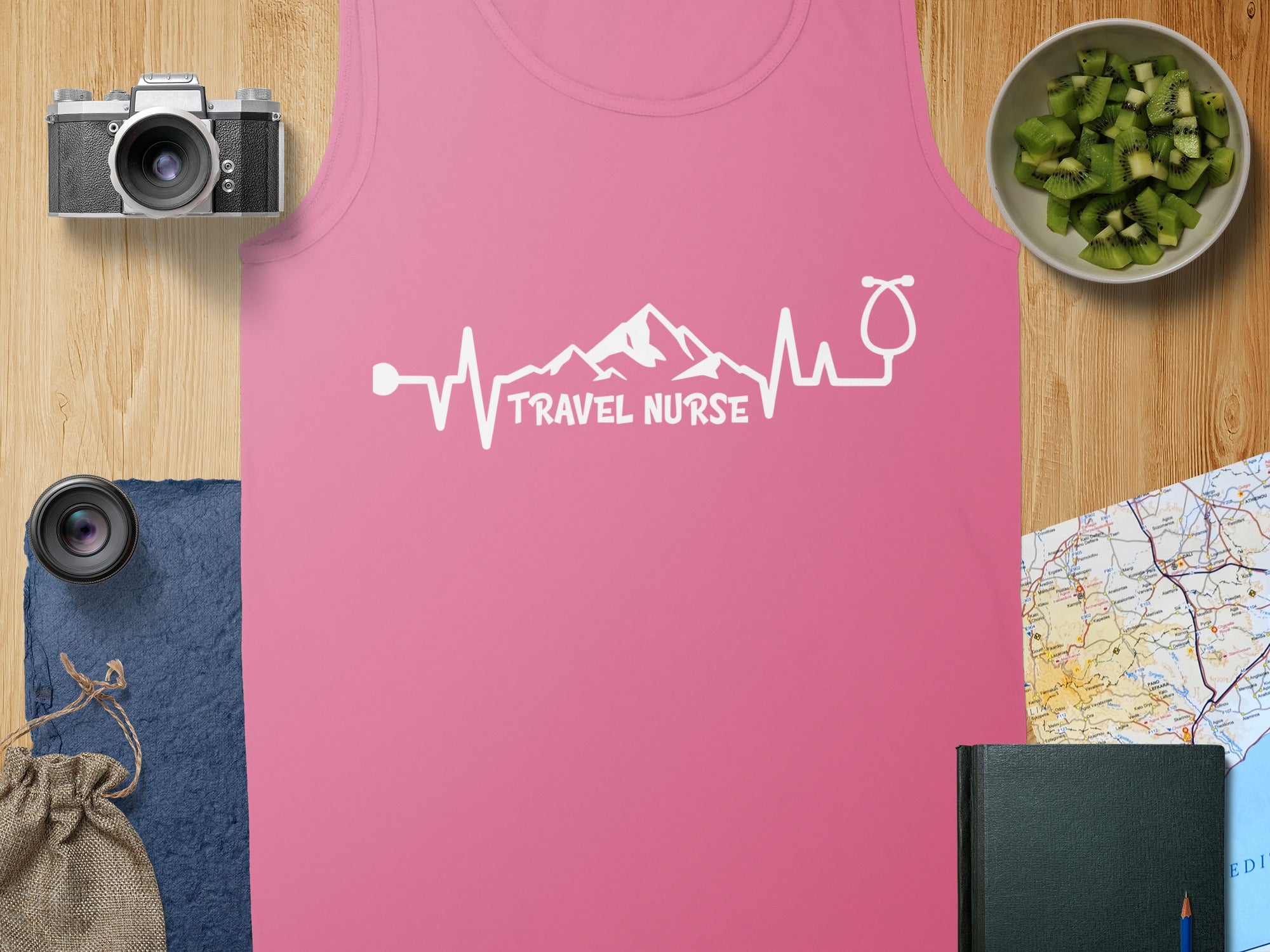 Pink tank top with "Travel Nurse" electrocardiogram graphic.