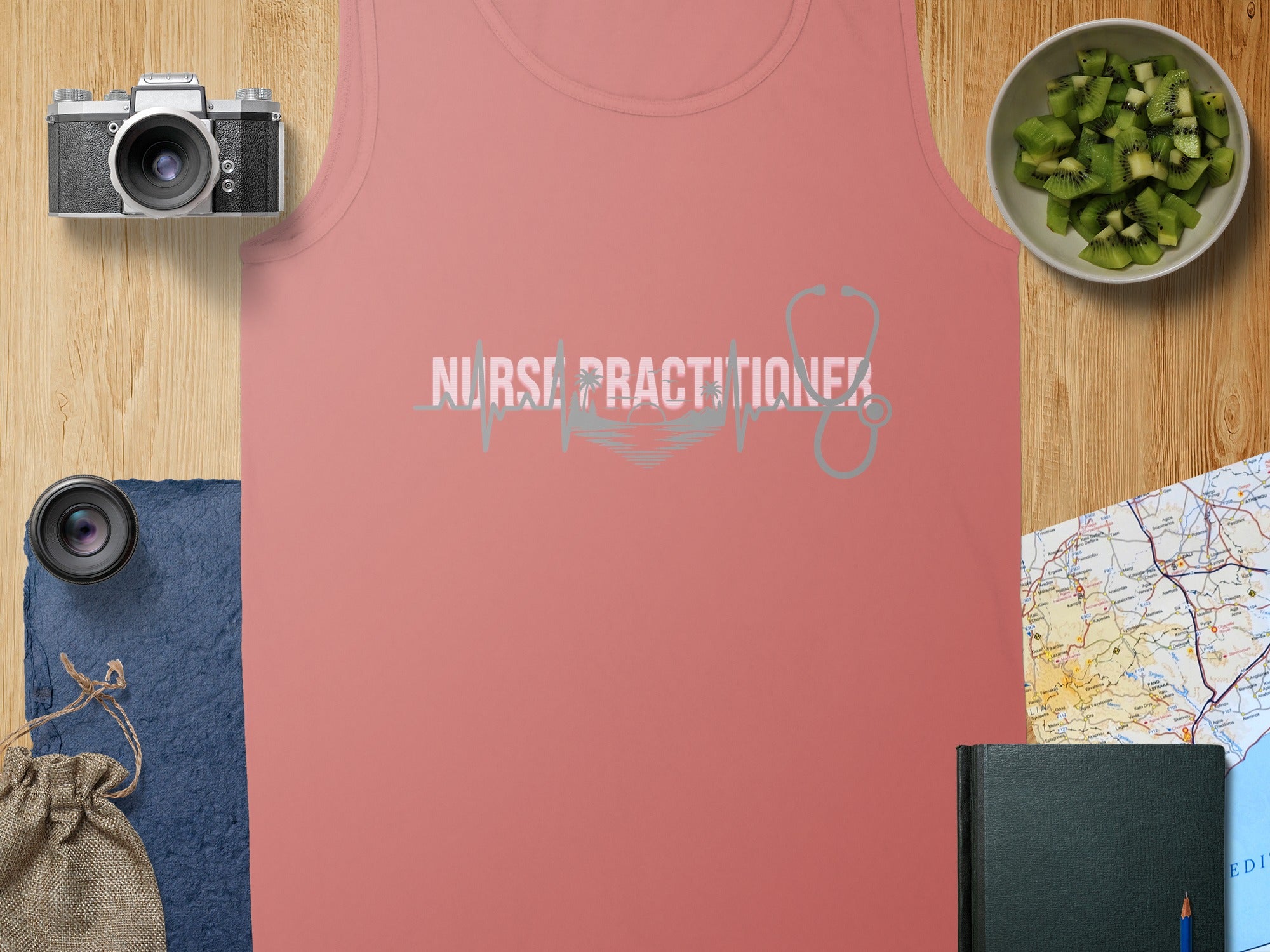 Pink tank top with "Nurse Practitioner" and stethoscope graphic.