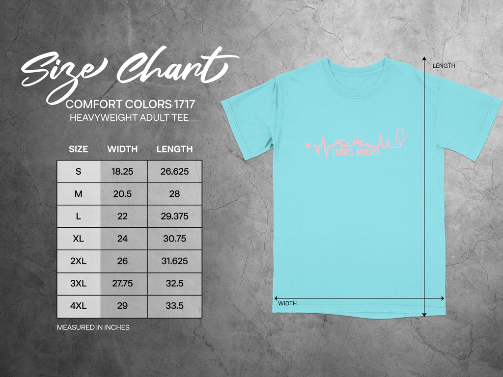 Size chart for Comfort Colors 1717 heavyweight adult tee with width and length measurements.