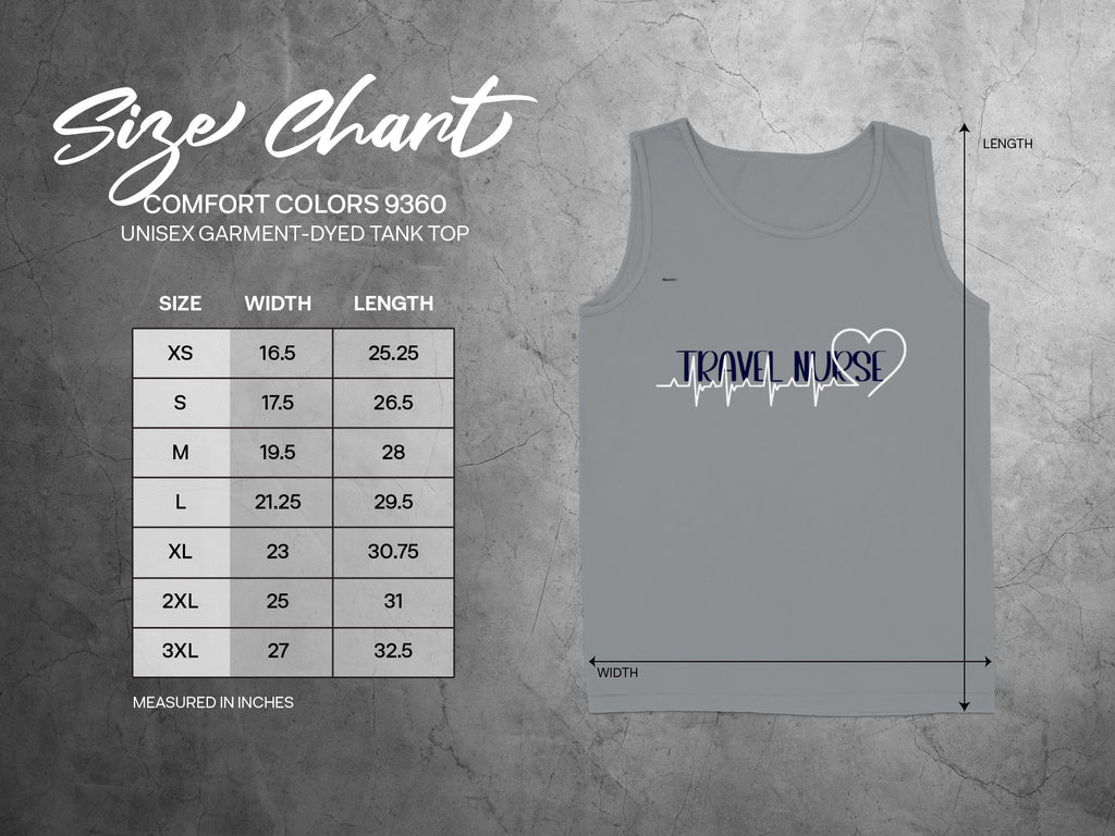 Size chart for Comfort Colors 9360 unisex tank top with "TRAVEL NURSE" graphic.