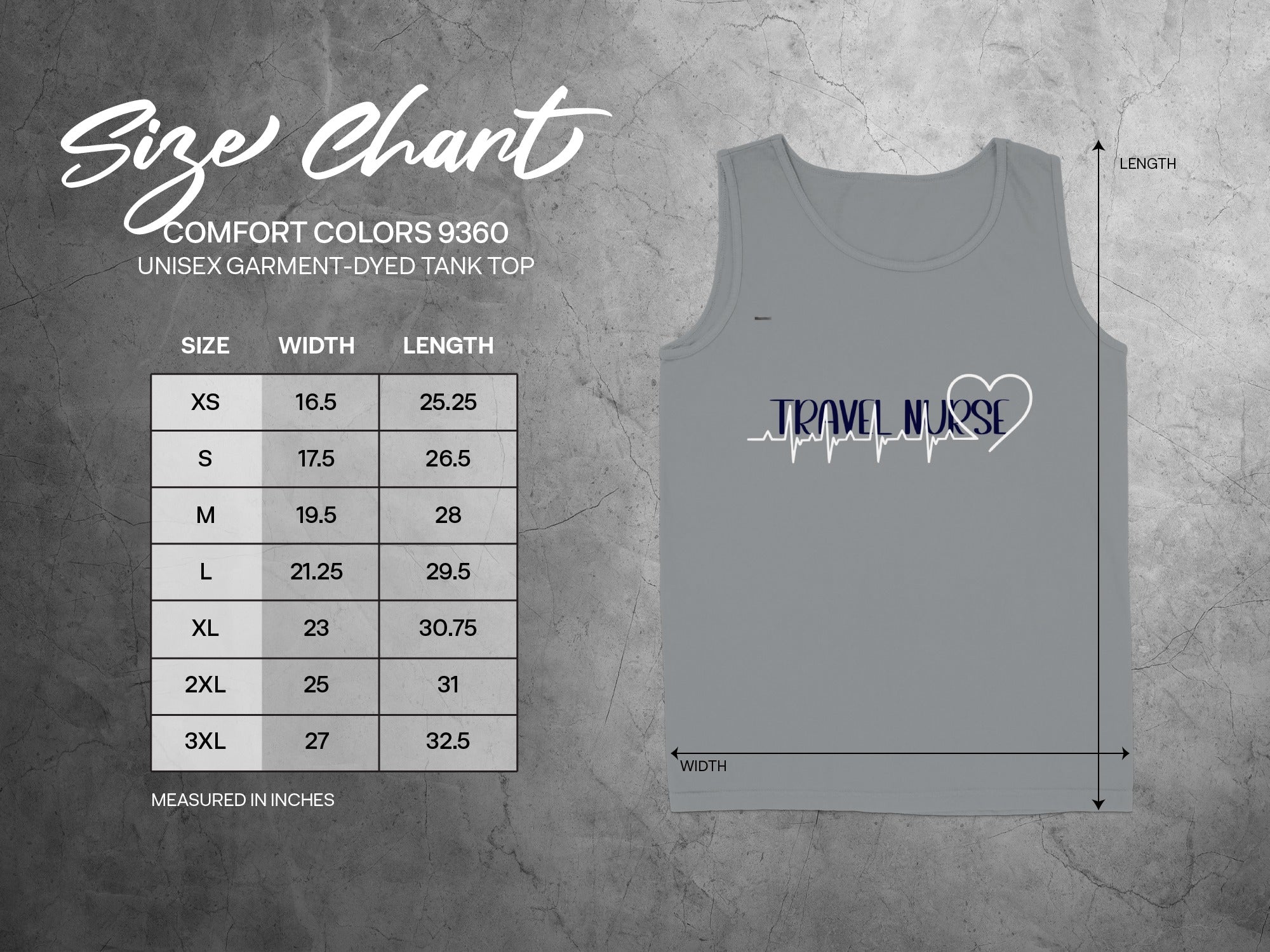 Size chart for Comfort Colors 9360 unisex tank top with "TRAVEL NURSE" graphic.