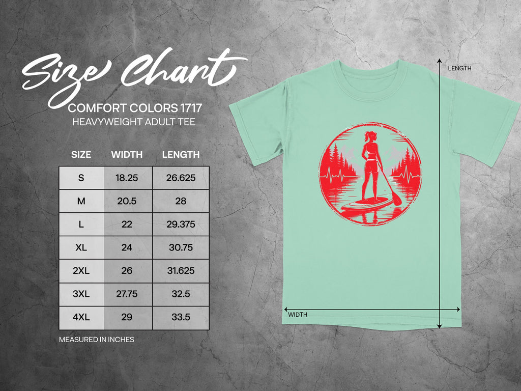 Size chart for Comfort Colors 1717 heavyweight adult tee, measured in inches.