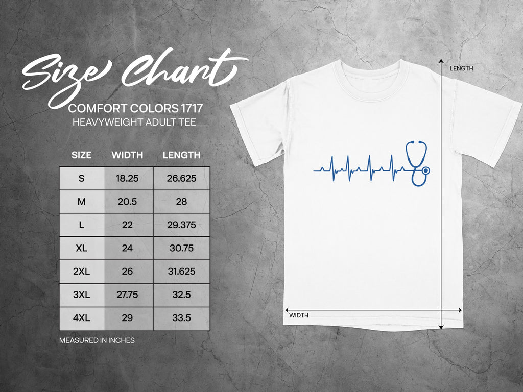 Comfort Colors 1717 heavyweight adult tee size chart with width and length measurements.