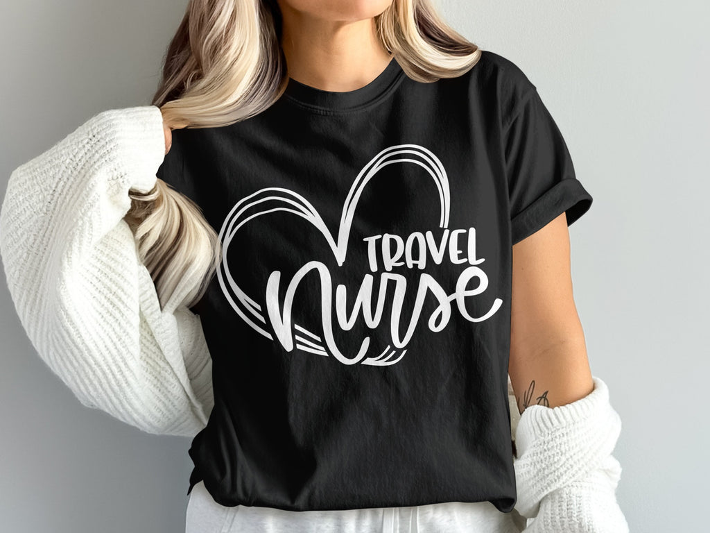 Black t-shirt with white heart graphic and "Travel Nurse" text.