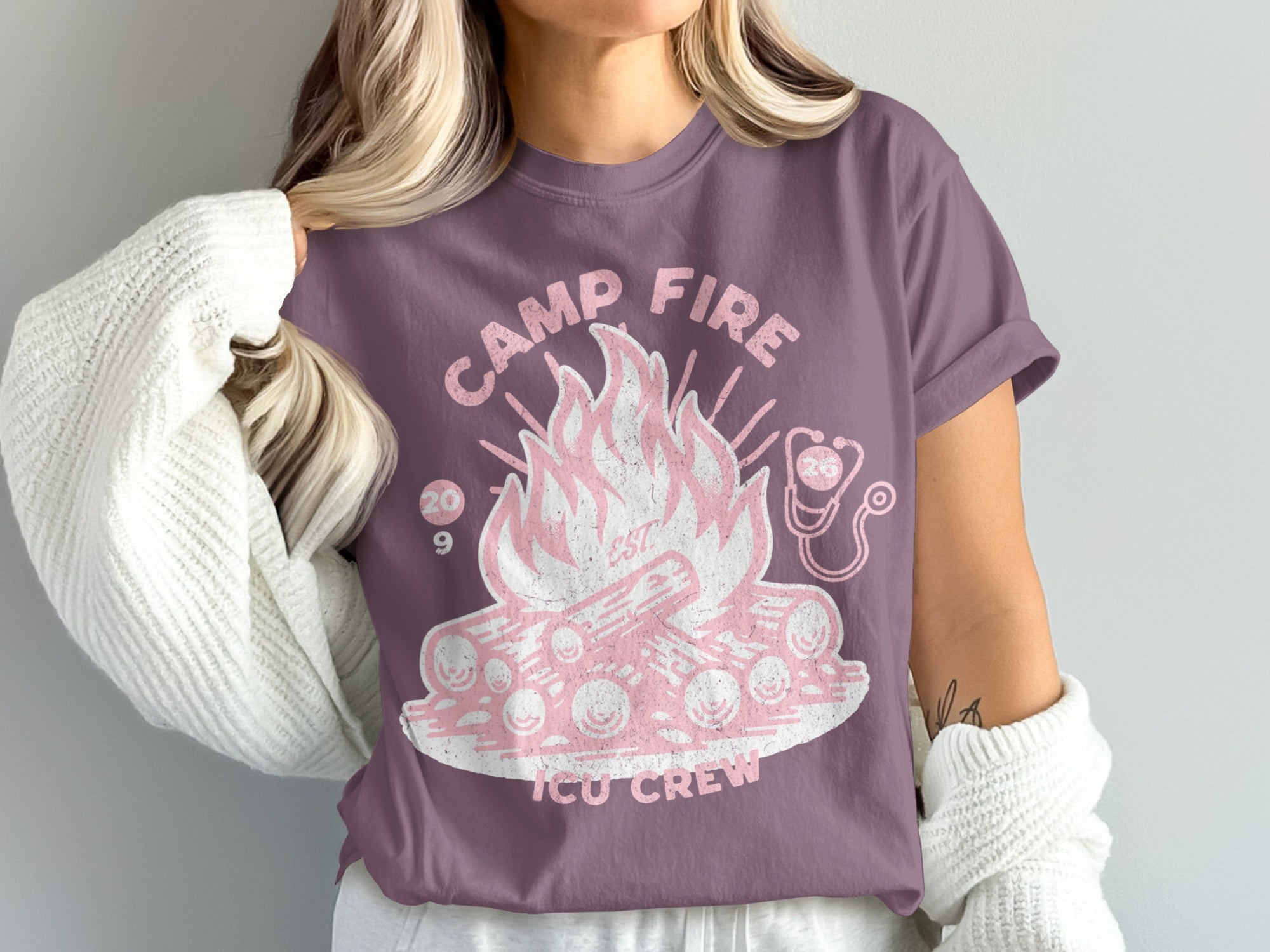 Camp Fire Est 209 ICU Crew t-shirt with pink and white campfire graphic.