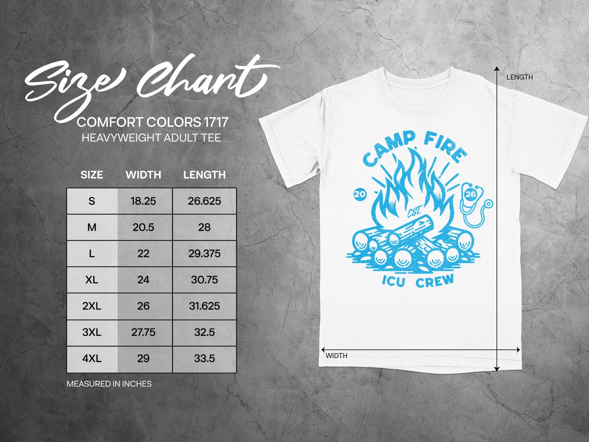 Comfort Colors size chart for heavyweight adult tee with chest width and length in inches.