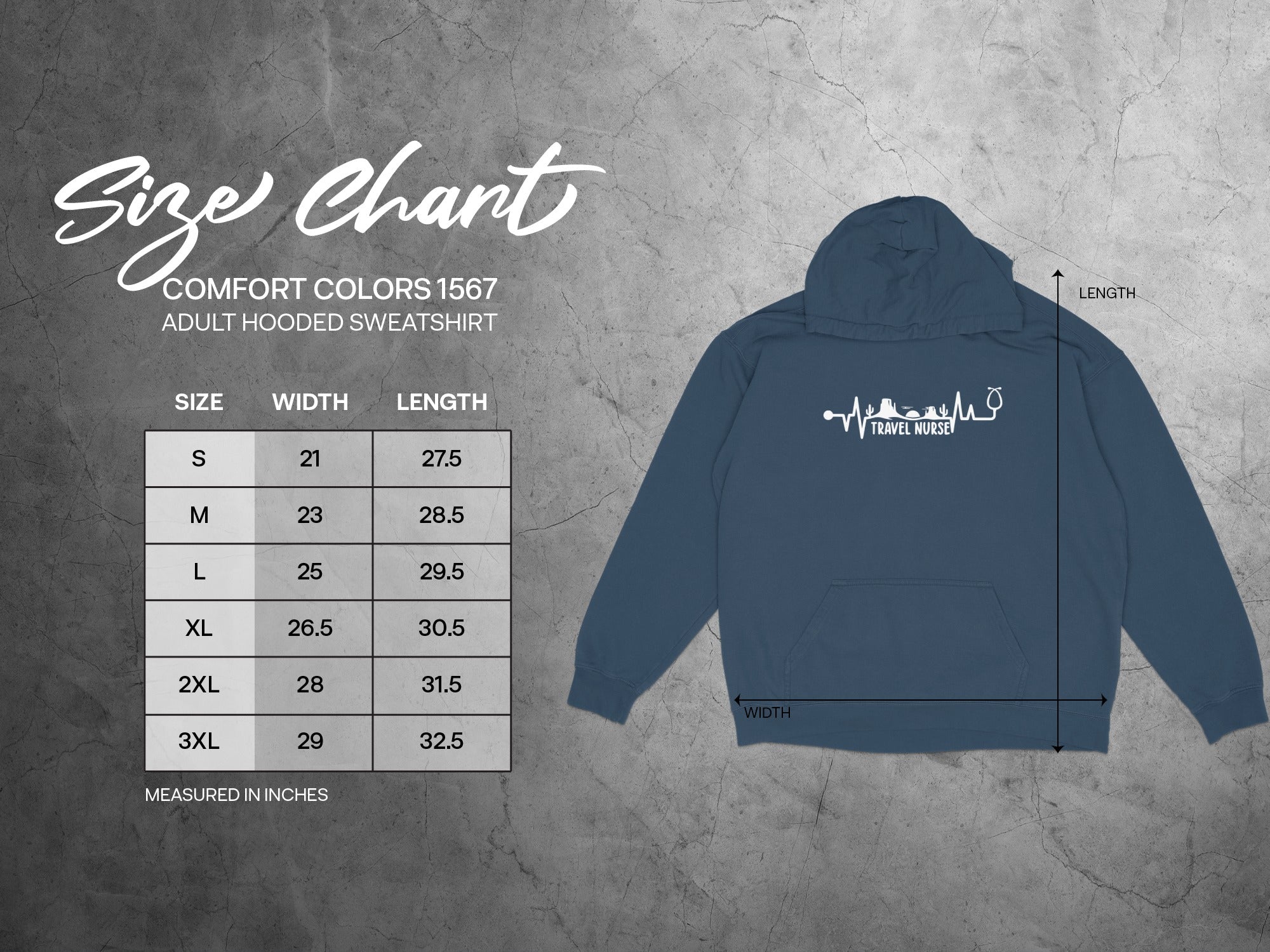 Comfort Colors 1567 hooded sweatshirt size chart with width and length measurements.