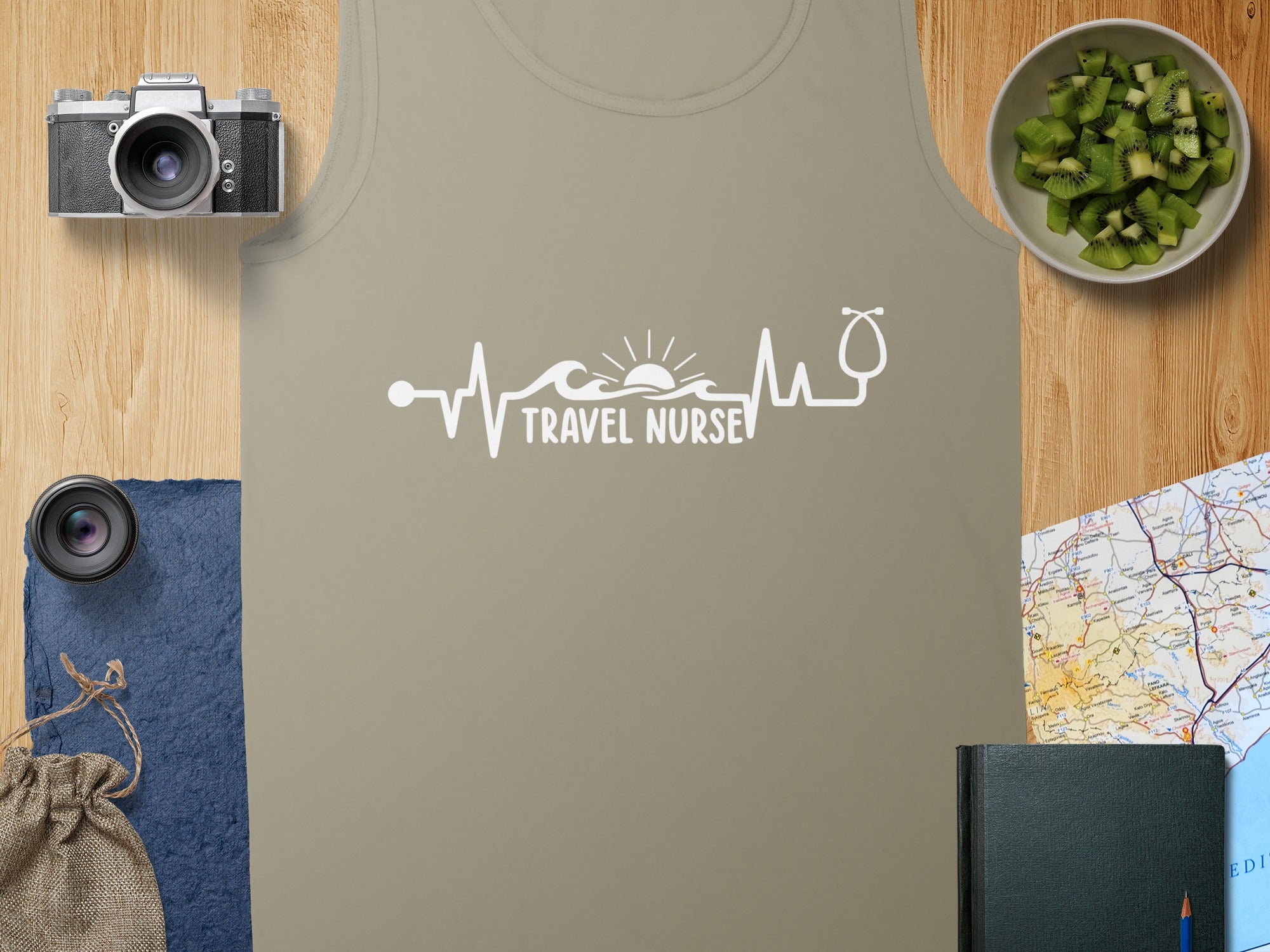 Tank top with "Travel Nurse" text and medical pulse line design.