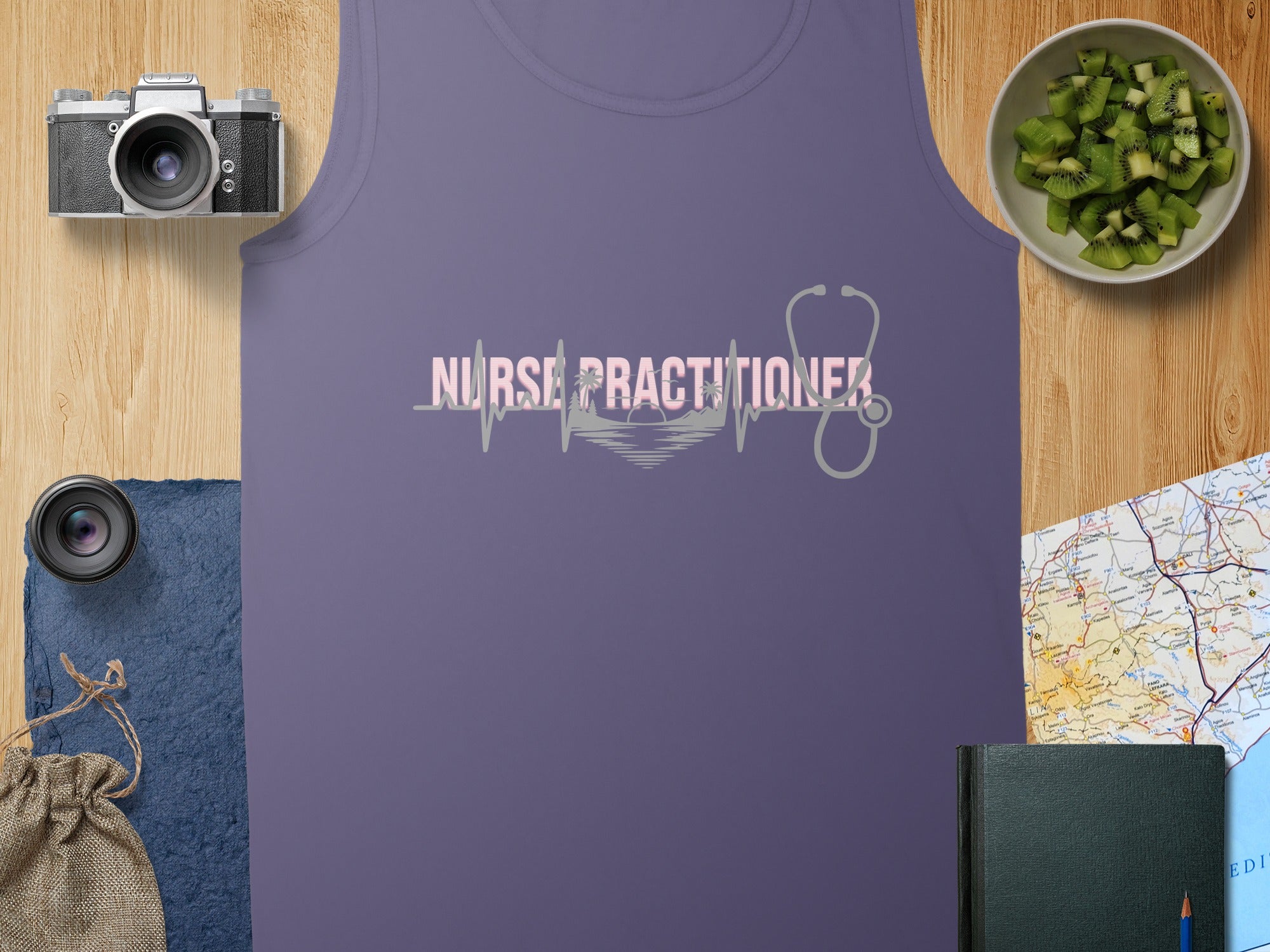 Purple tank top with "Nurse Practitioner" and stethoscope graphic.