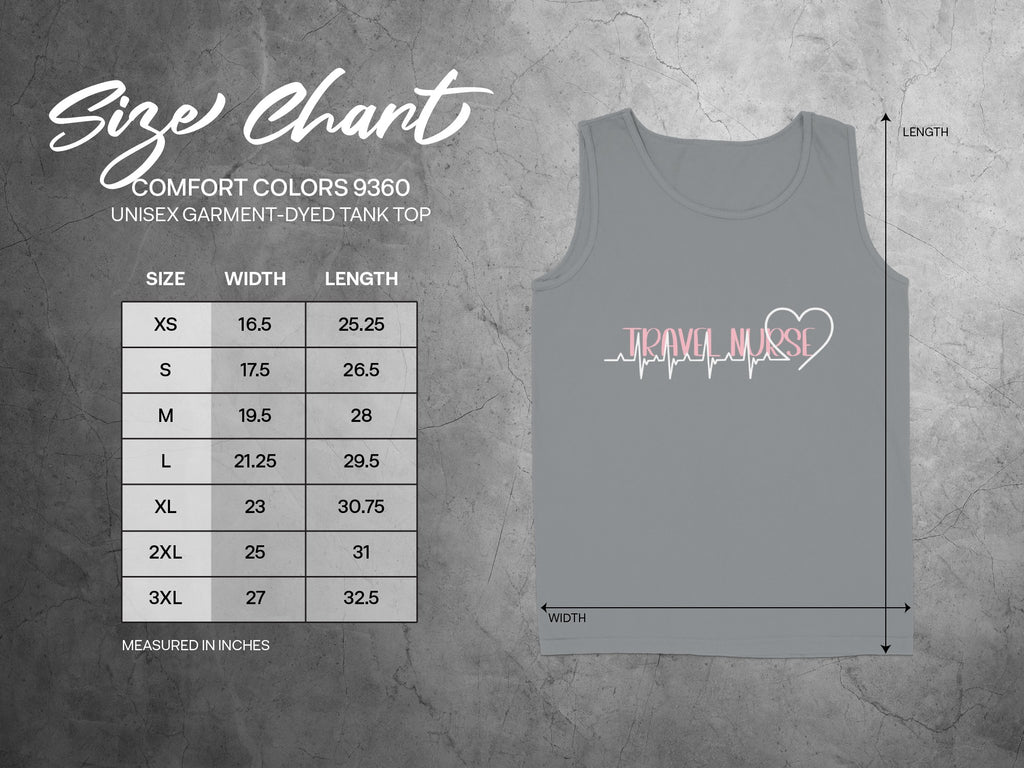 Unisex tank top size chart for Comfort Colors 9360, showing sizes XS to 3XL with width and length measurements in inches.