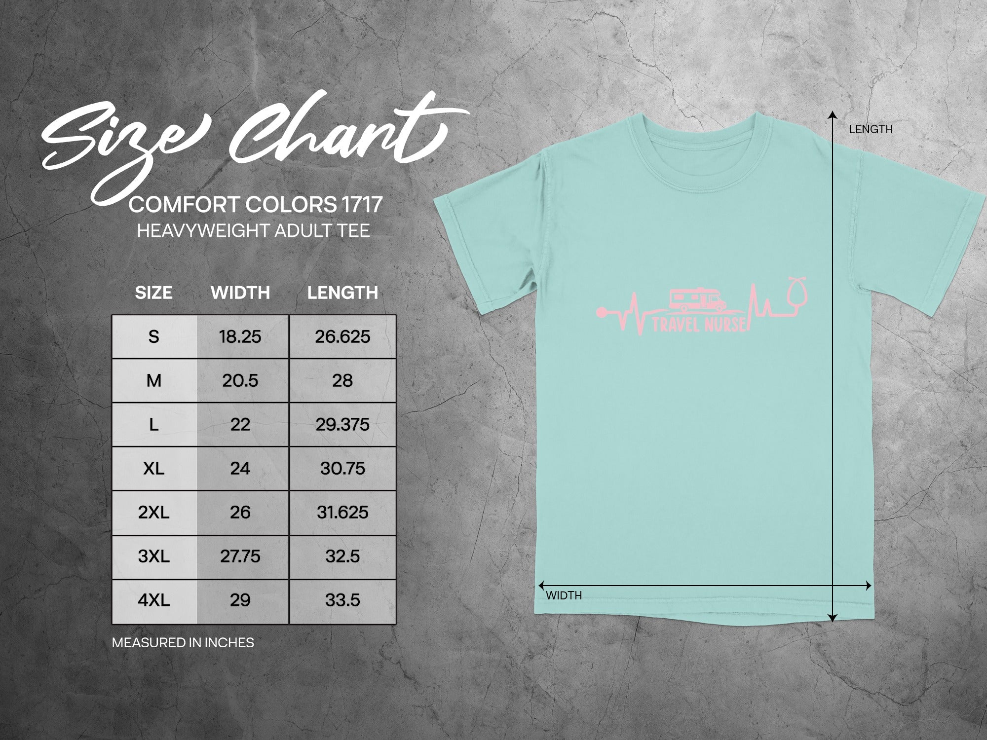 Size chart for Comfort Colors 1717 heavyweight adult tee, measured in inches.