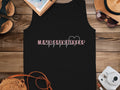 Black tank top with "Nurse Practitioner" in pink cursive and a heartbeat line.