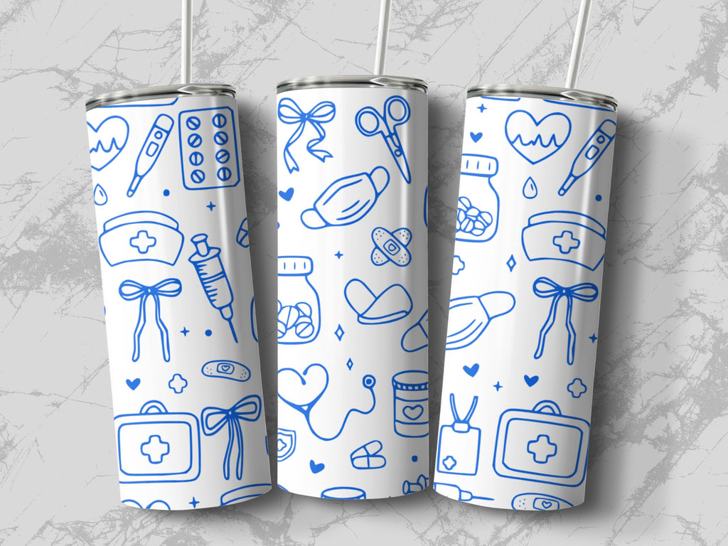 Medical icons on a white tumbler with blue outlines, on a marble background.
