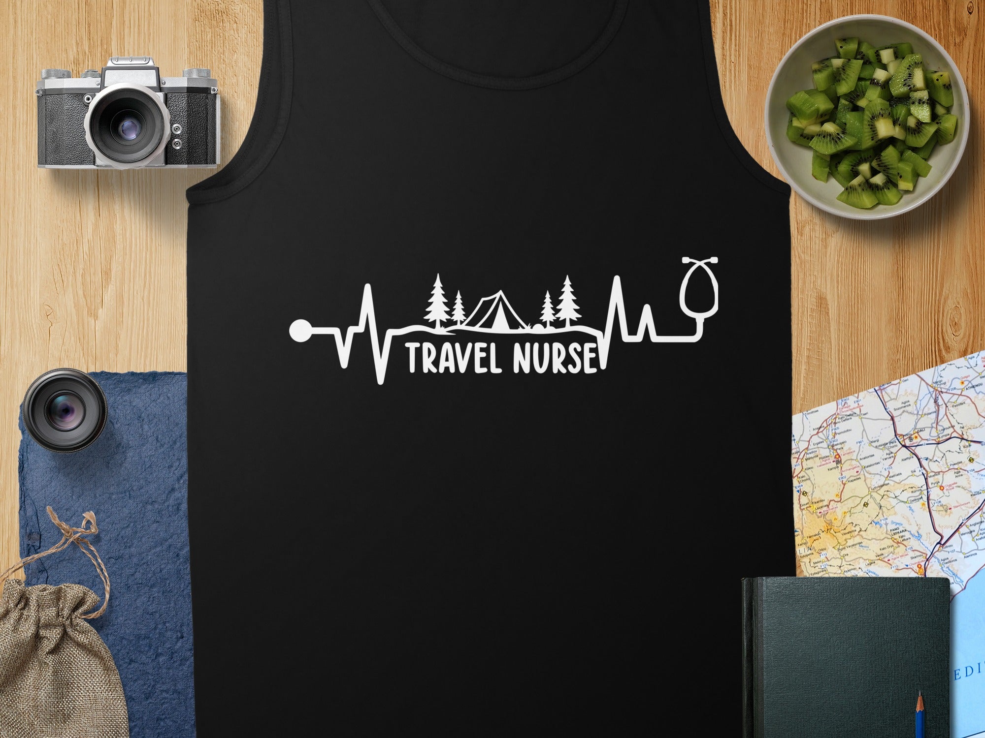 Black tank top with white "Travel Nurse" heartbeat and tent graphic.