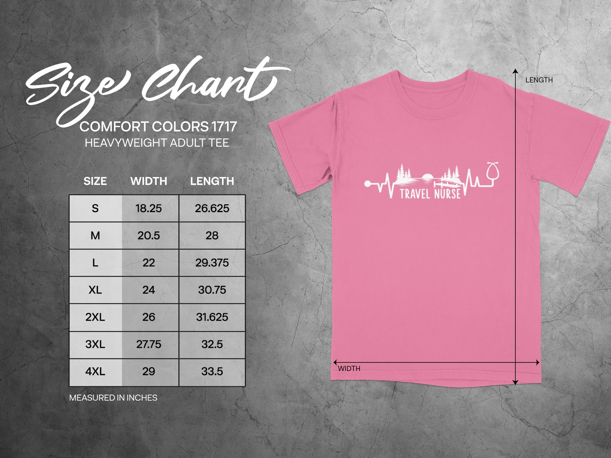 Pink t-shirt with "Travel Nurse" graphic and size chart with width and length measurements.