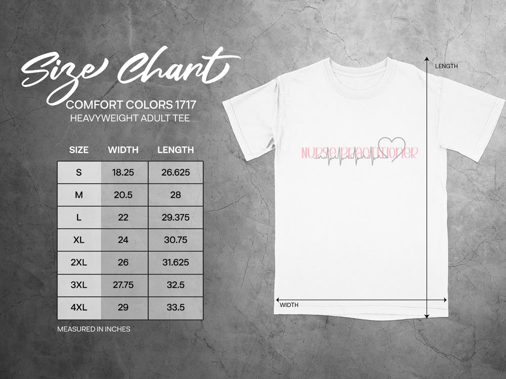 Comfort Colors 1717 heavyweight adult tee size chart with width and length measurements.