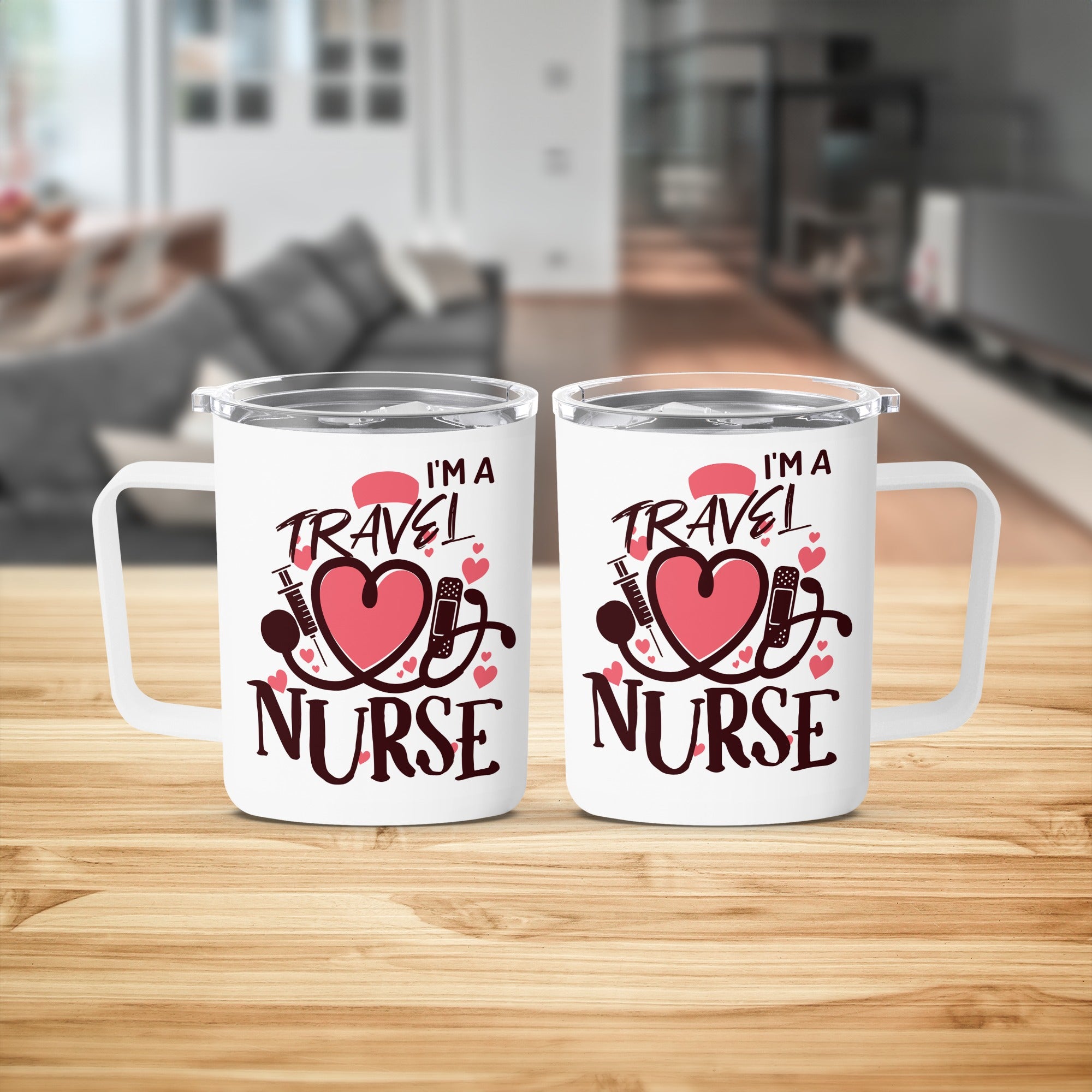 Two white mugs with "I'M A TRAVEL NURSE" text and heart/stethoscope design.
