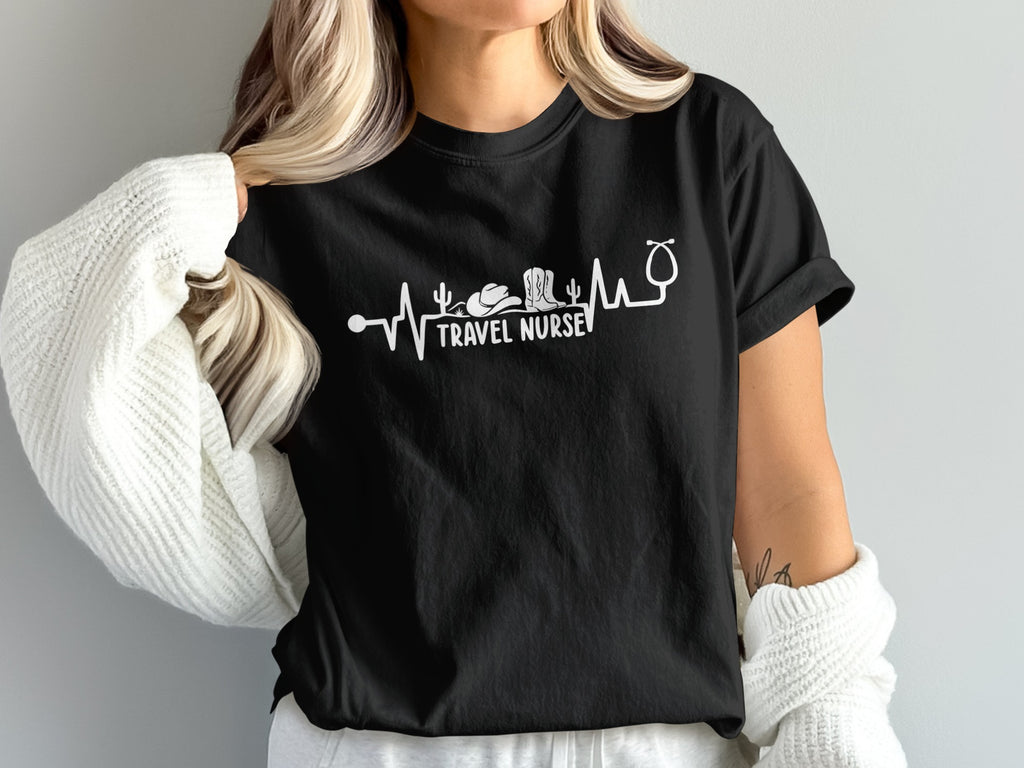 Black t-shirt with a stethoscope and desert scene graphic, saying "Travel Nurse".