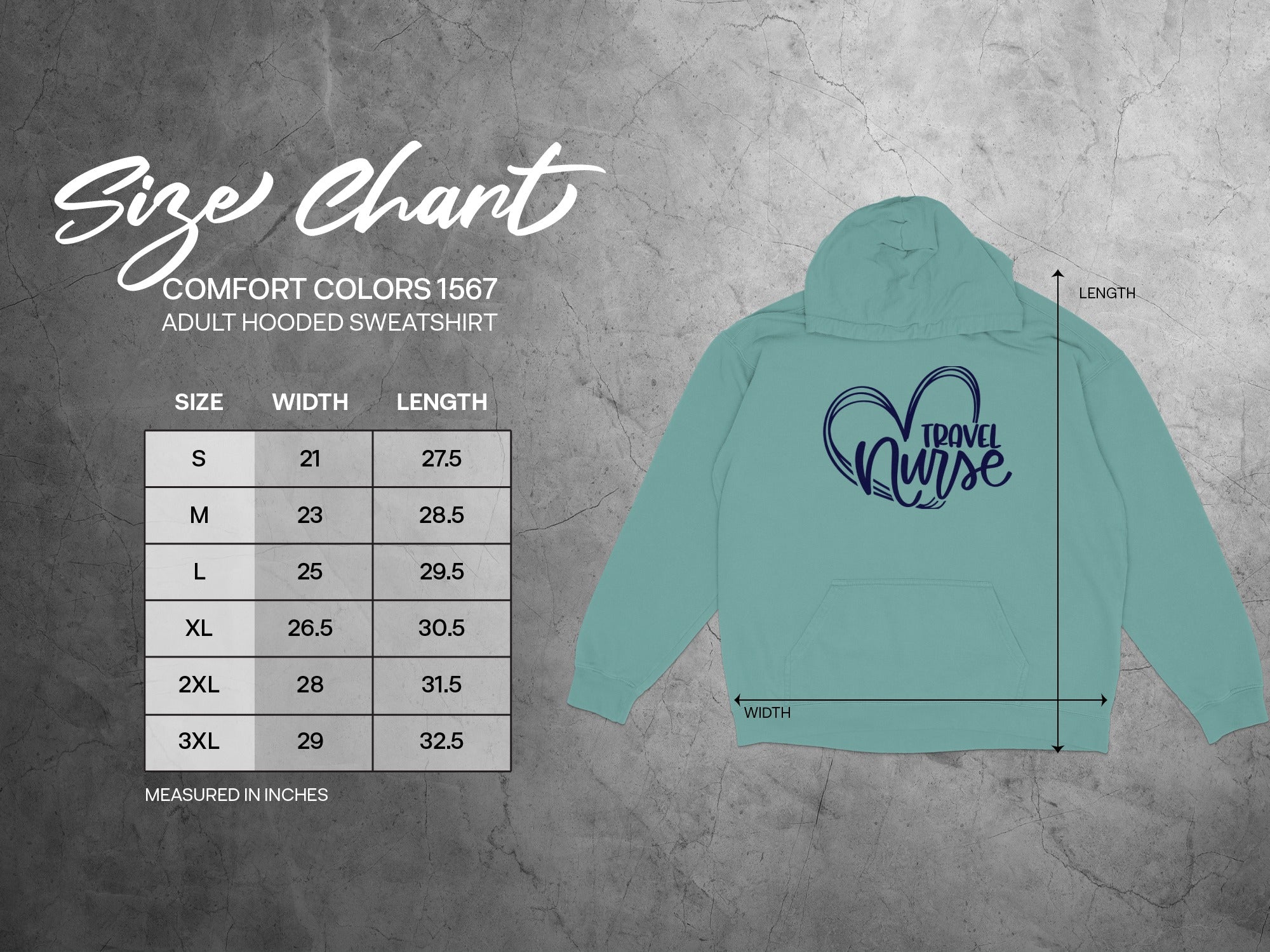 Size chart for Comfort Colors 1567 adult hooded sweatshirt.