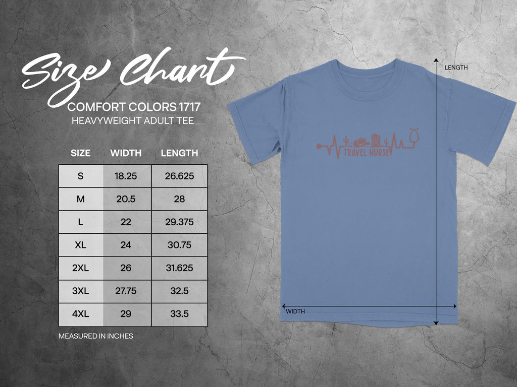 Size chart for Comfort Colors 1717 heavyweight adult tee with dimensions.