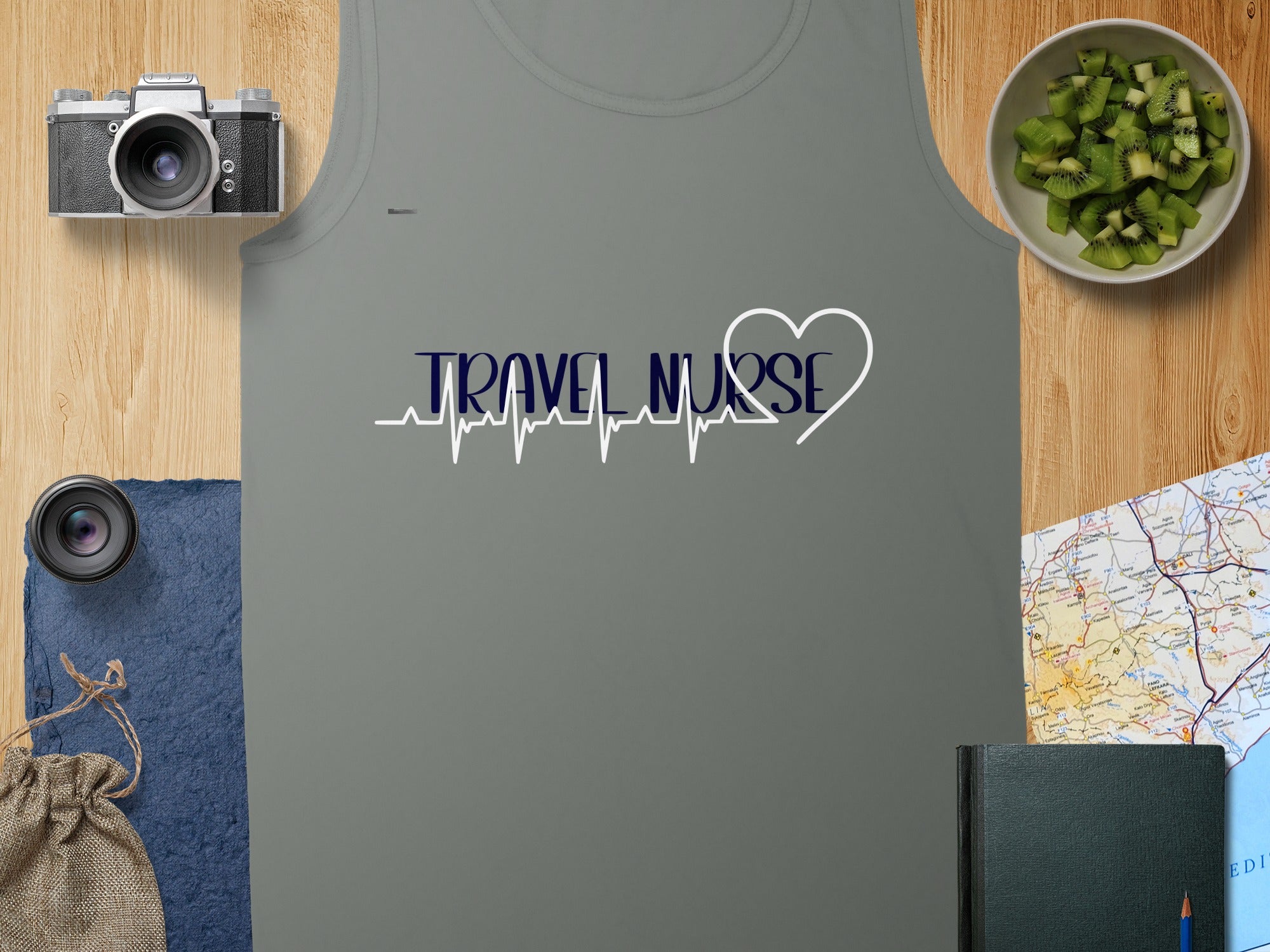 Gray tank top with "Travel Nurse" text and heart graphic.